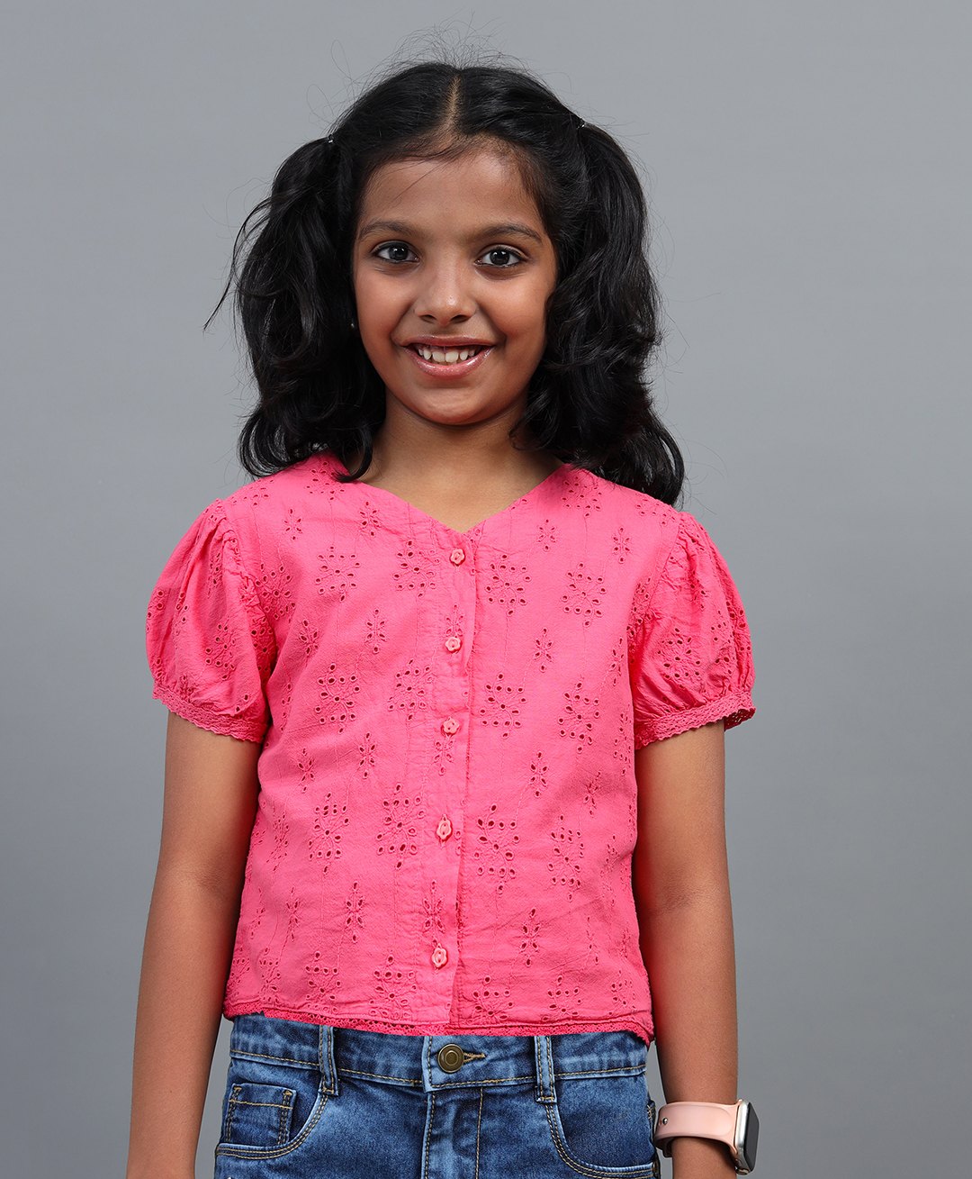 Under Fourteen Only Cotton Half Puffed Sleeves Sciffli Embroidered Top - Pink-picture-14