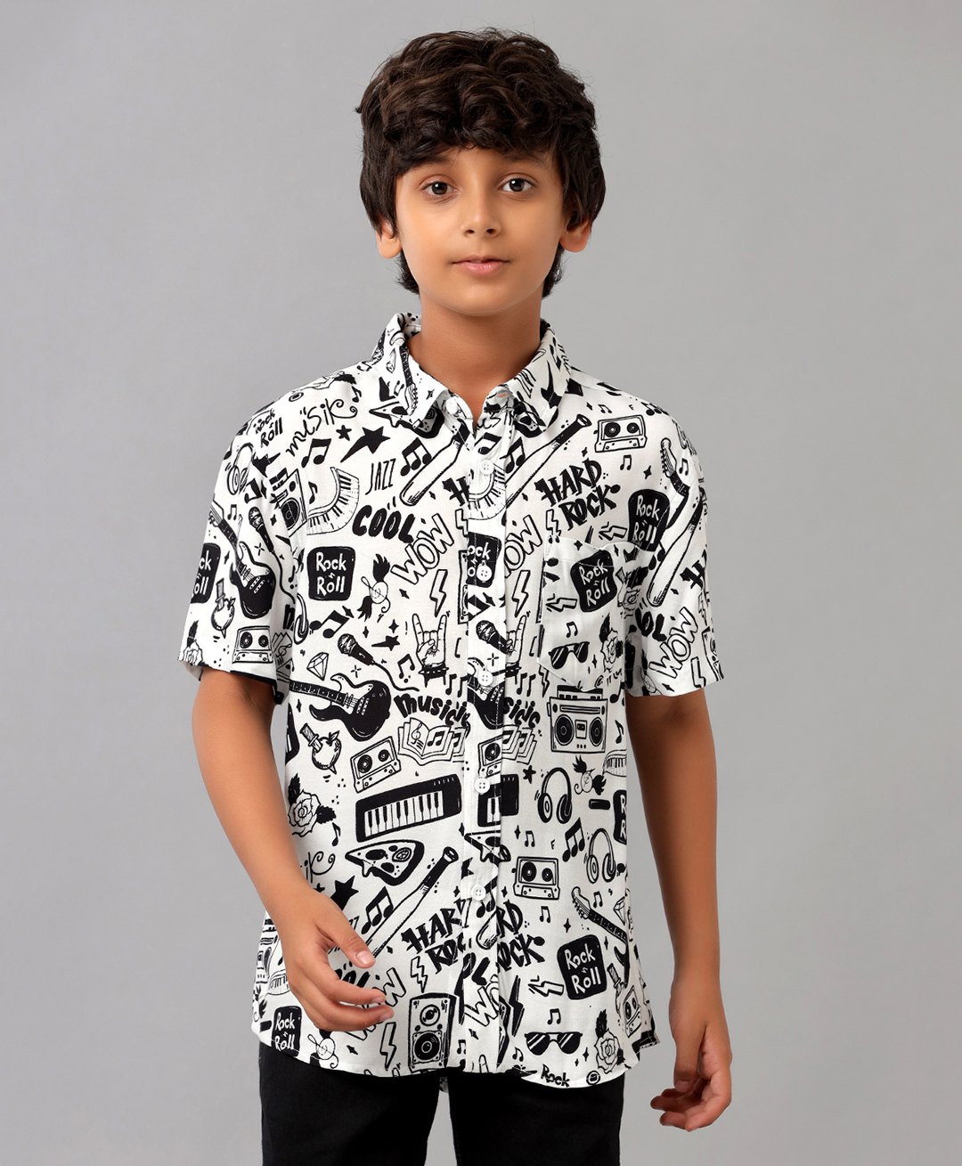 Under Fourteen Only Rayon Woven Half Sleeves Music Theme Printed Shirt - Black-picture-19