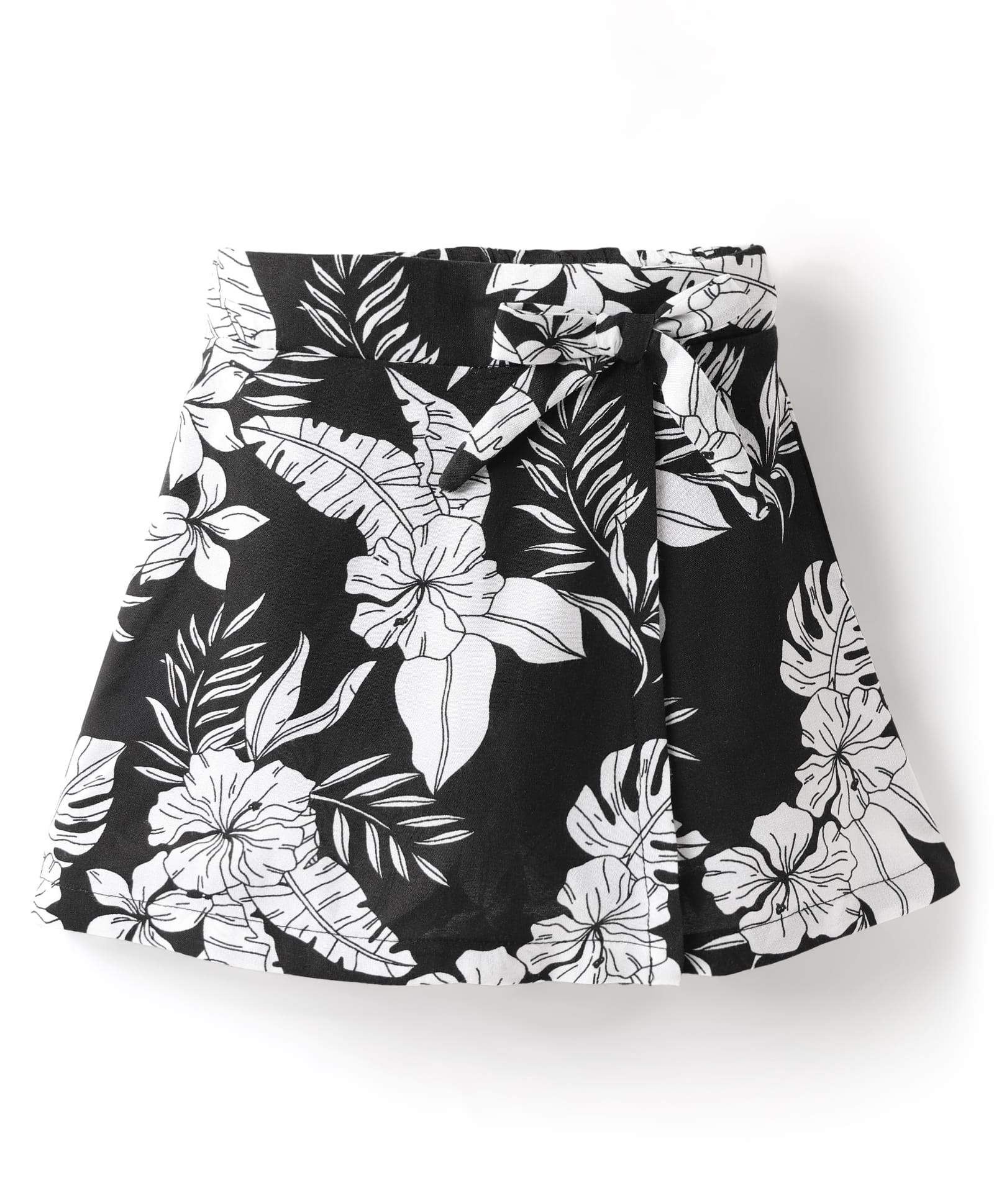 CrayonFlakes Rayon Floral Printed Bow Applique Detailed Skort - Black-image-5