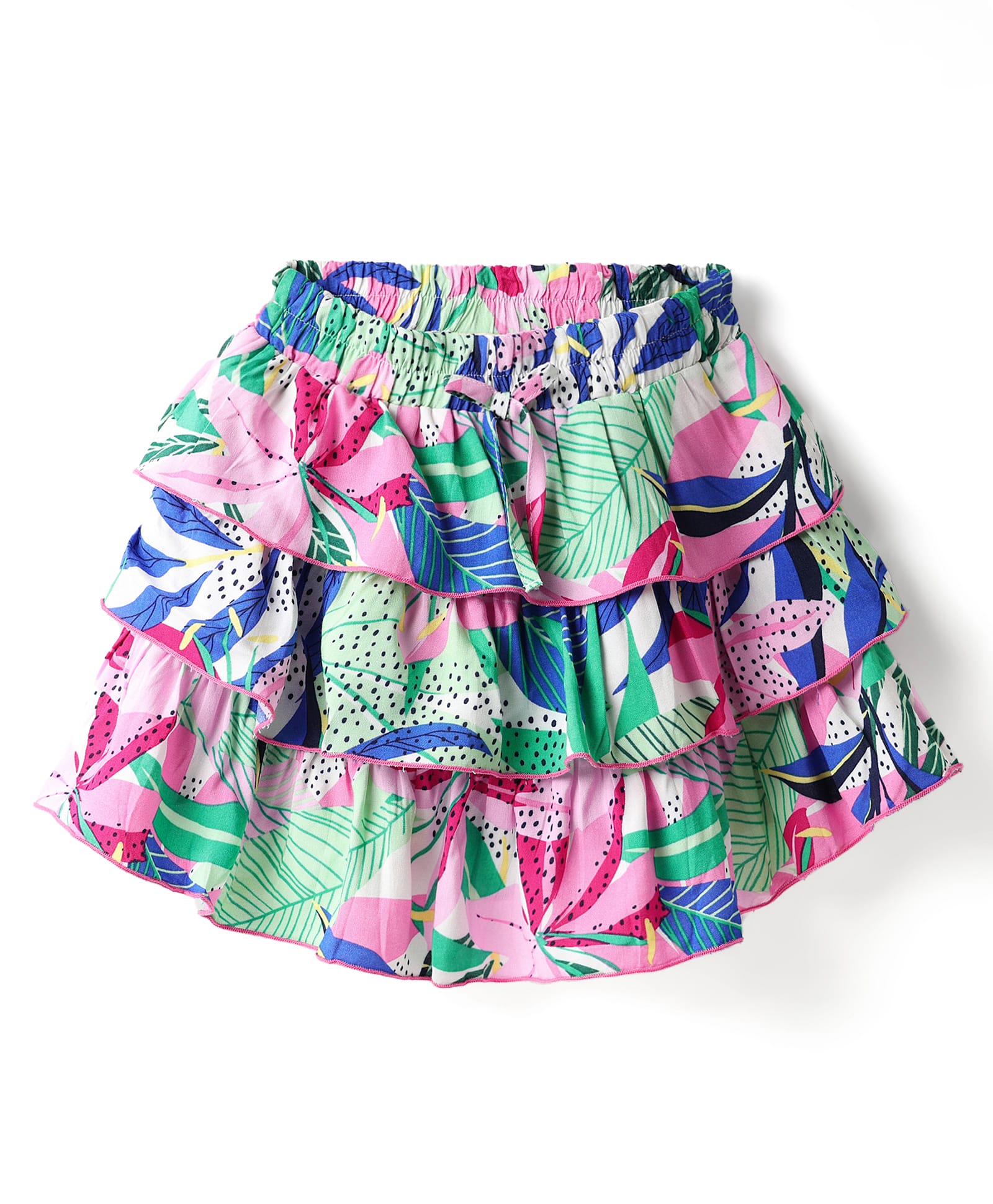 CrayonFlakes Rayon Woven Floral & Leaves Printed Layered Skirt - Off White Pink & Blue-picture-27