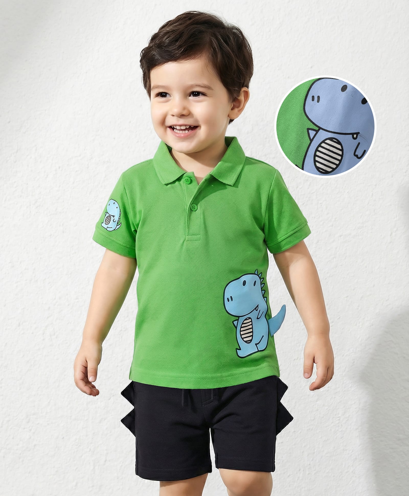Mark & Mia Cotton Knit Half Sleeves Polo T-Shirt & Shorts With Dino Graphics Print & Spikes Detailing - Light Green