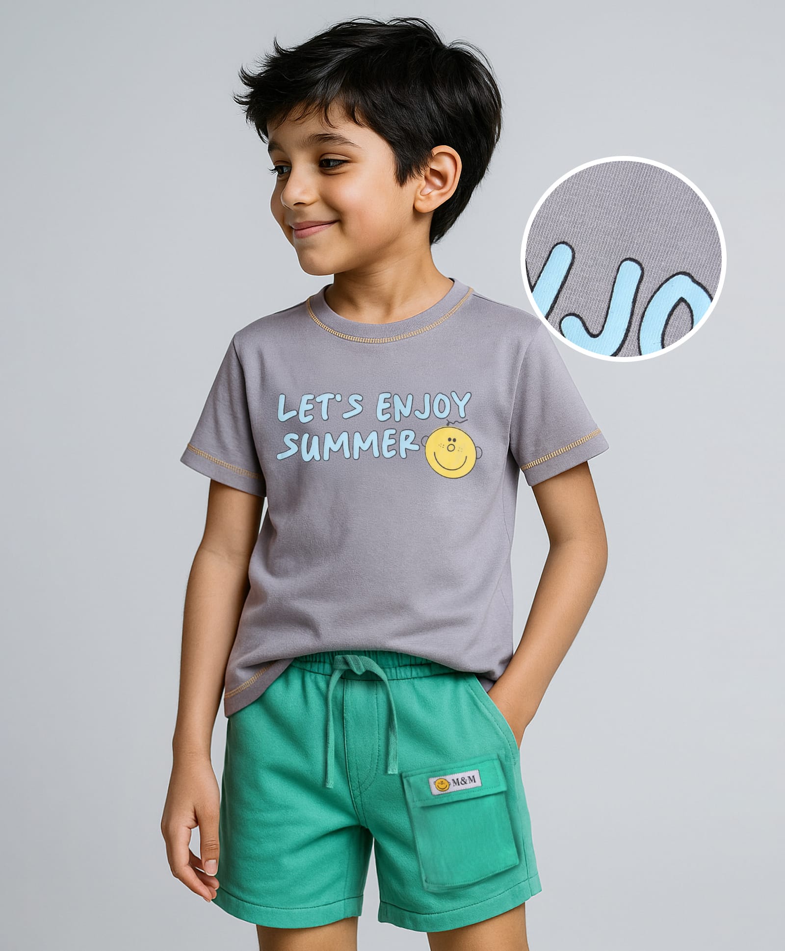Mark & Mia Cotton Knit Half Sleeves T-Shirt & Shorts Set With Pocket & Graphics Detailing - Light Grey & Green