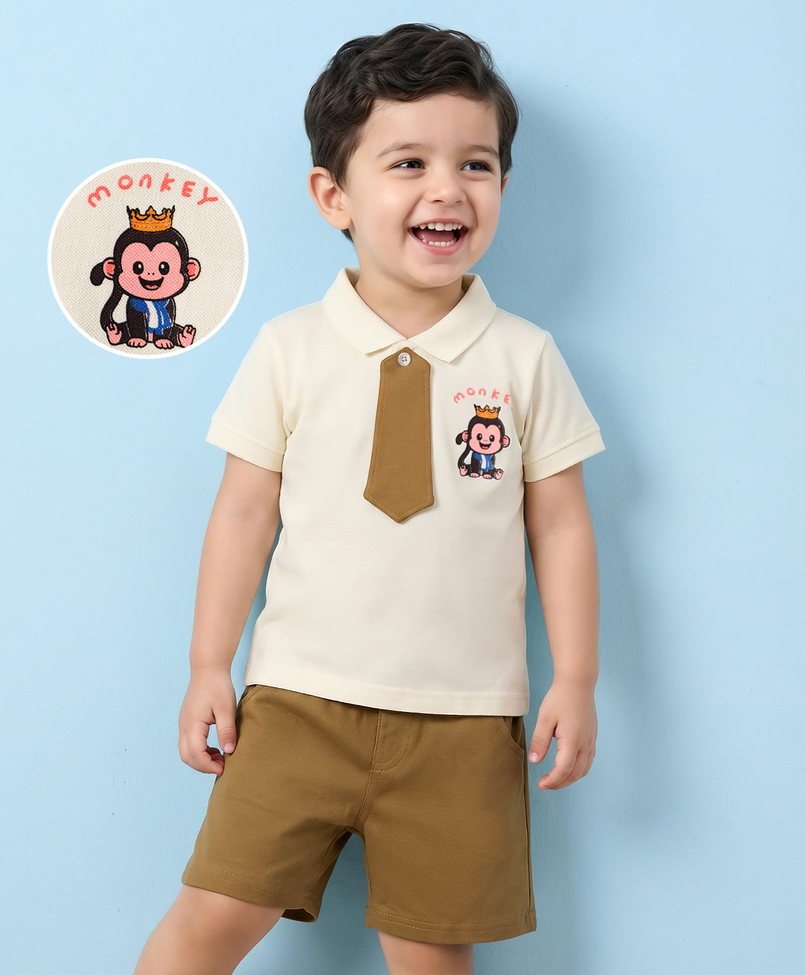 Mark & Mia Cotton Knit Half Sleeves Polo T-Shirt & Shorts Set With Tie & Graphics Detailing - Cream & Brown-picture-37