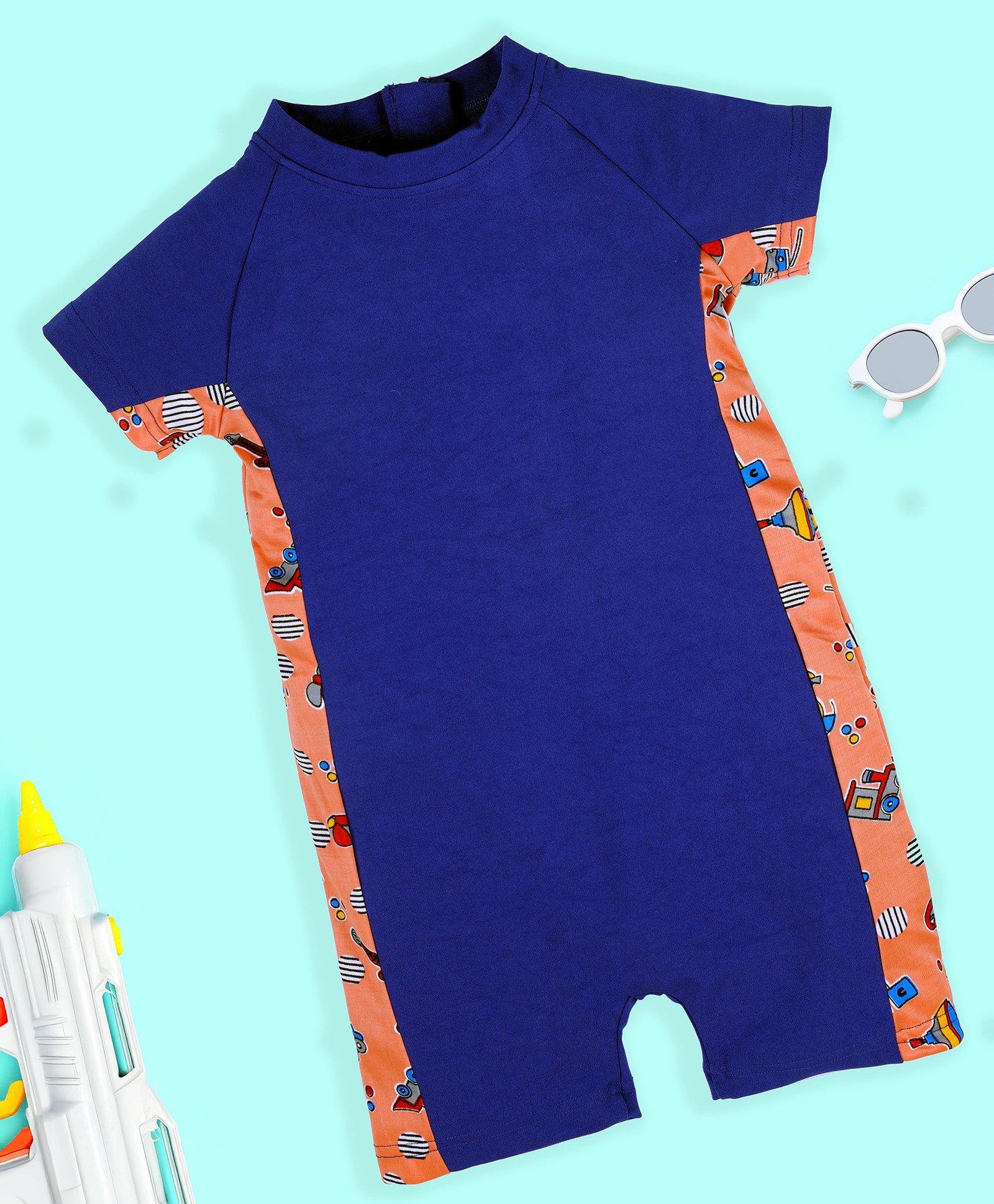 Kiddopanti Half Raglan Sleeves Train Side Printed & Cut & Sew Detailed Swimsuit - Royal Blue & Orange-picture-25