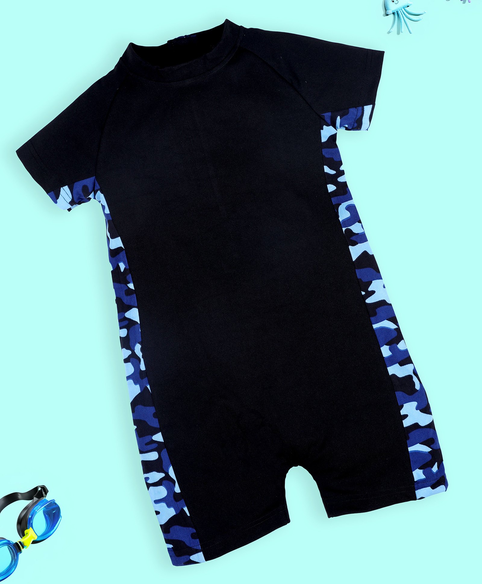 Kiddopanti Half Raglan Sleeves Camouflage Side Printed & Cut & Sew Detailed Swimsuit - Black & Blue Camouflage-image-43