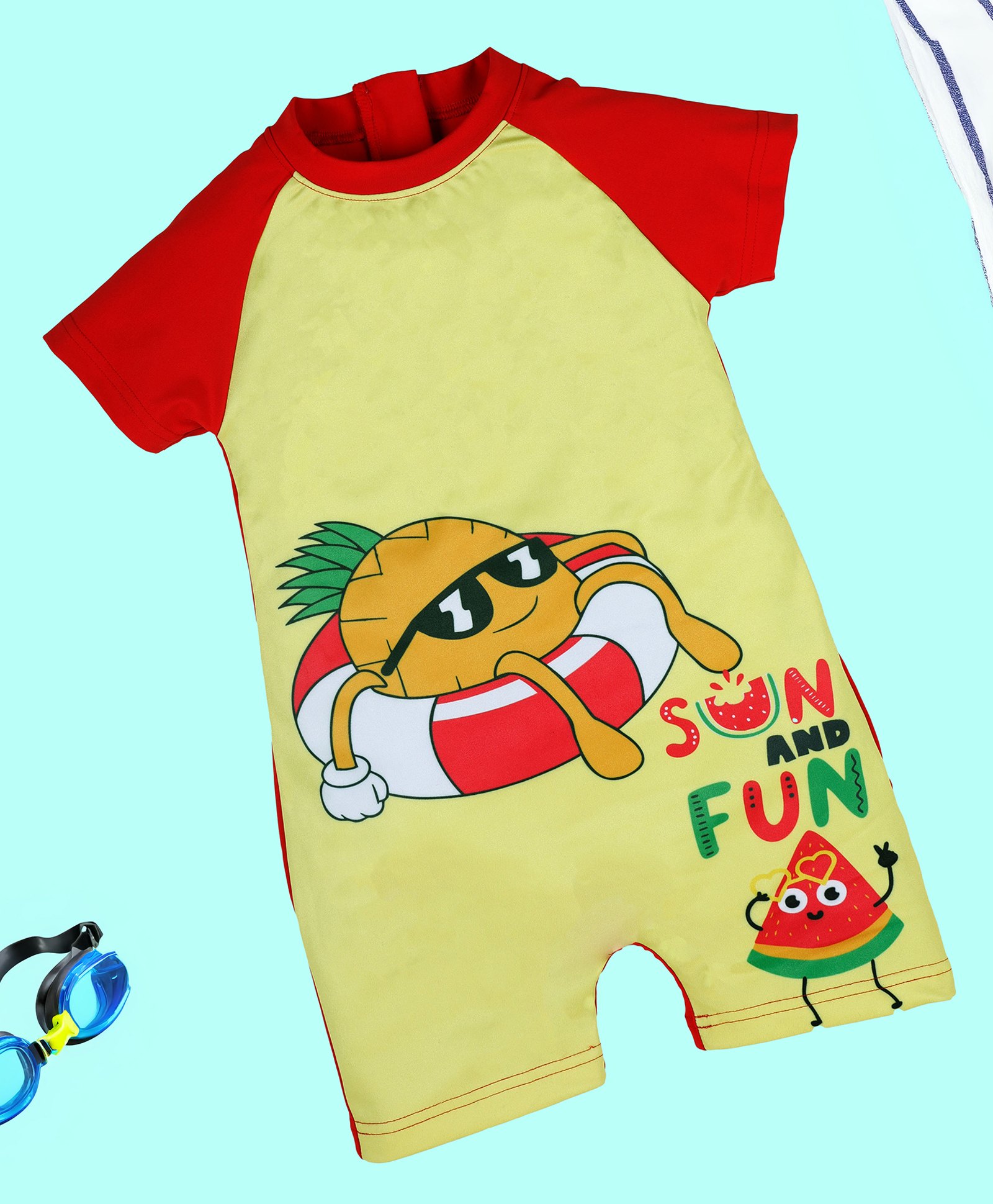 Kiddopanti Half Raglan Sleeves Sun And Fun Text Printed Swimsuit - Red-image-21