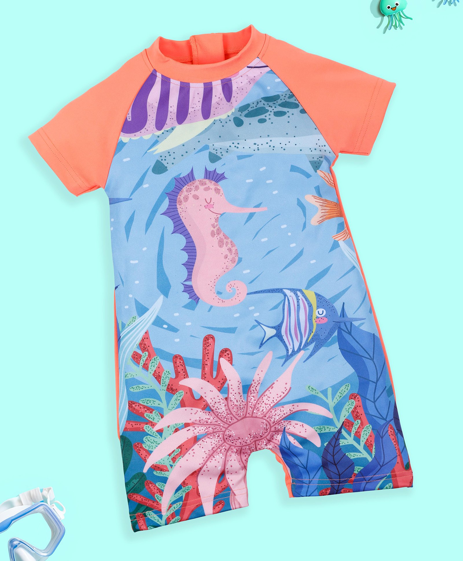 Kiddopanti Half Raglan Sleeves Sea Life Printed Swimsuit - Neon Coral-image-21