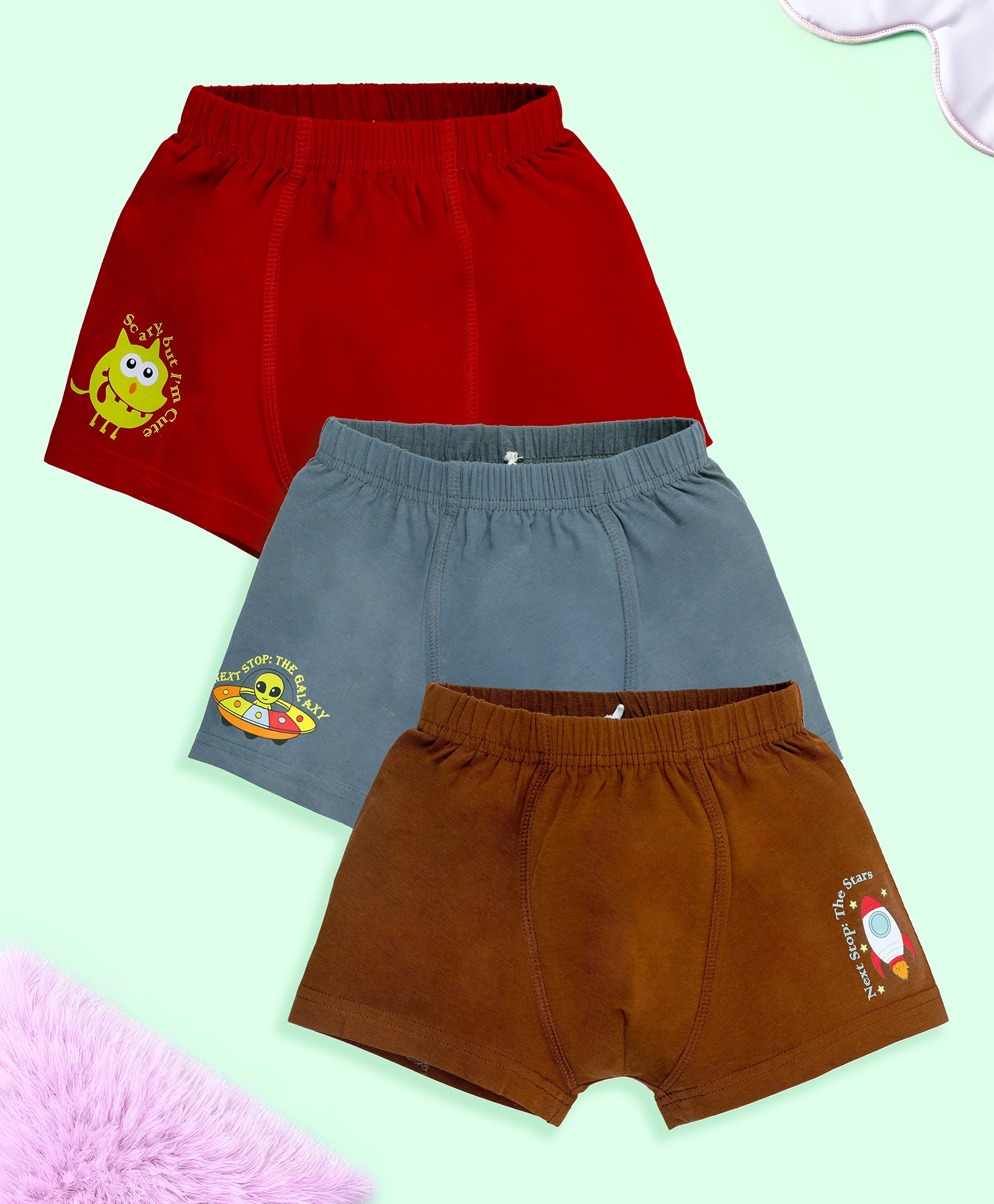 Kiddopanti Cotton Pack Of 3 Baby Monster & UFO Printed Boxers - Brown Red & Steel Grey-picture-22
