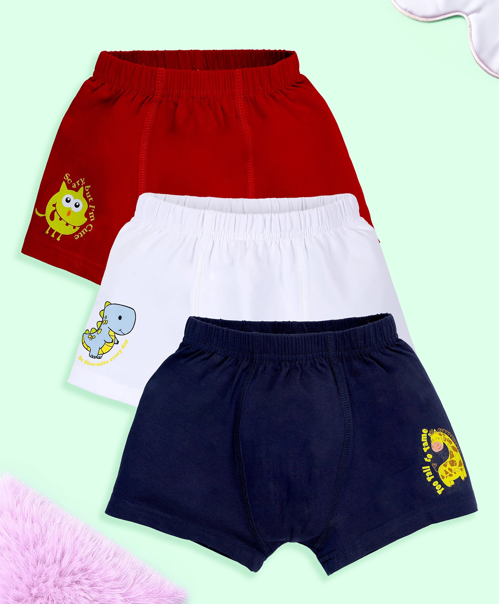 Kiddopanti Cotton Pack Of 3 Baby Dinosaur & Giraffe Printed Boxers - White Red & Navy Blue-picture-18