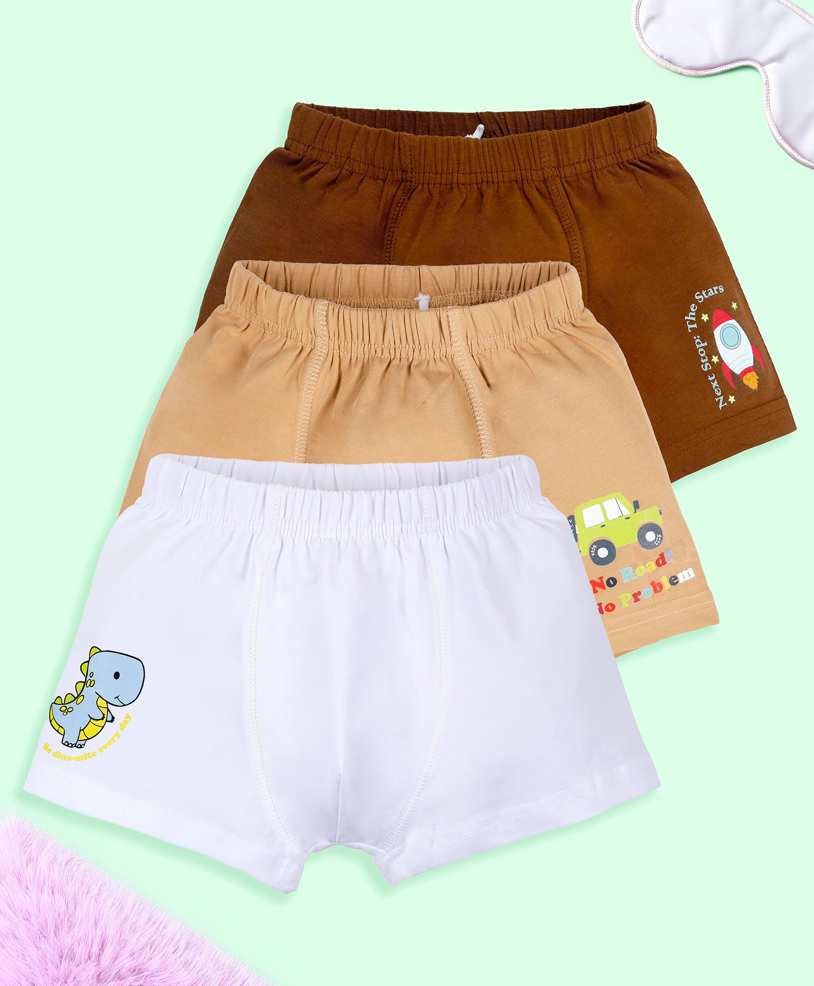 Kiddopanti Cotton Pack Of 3 Baby Dinosaur & Car Printed Boxers - Brown White & Beige-picture-38