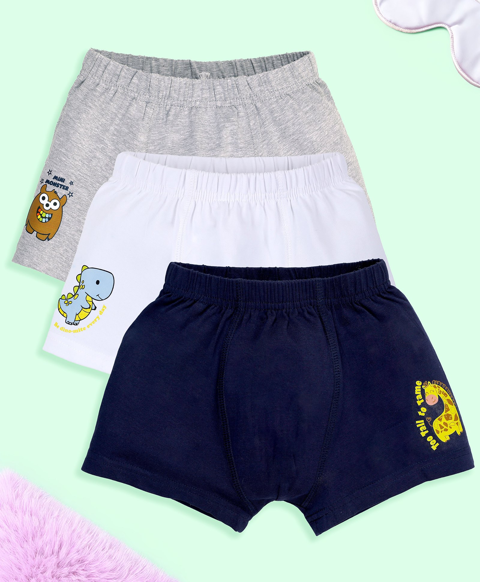 Kiddopanti Cotton Pack Of 3 Baby Giraffe & Dinosaur Printed Boxers - White Navy Blue & Grey Melange-picture-37