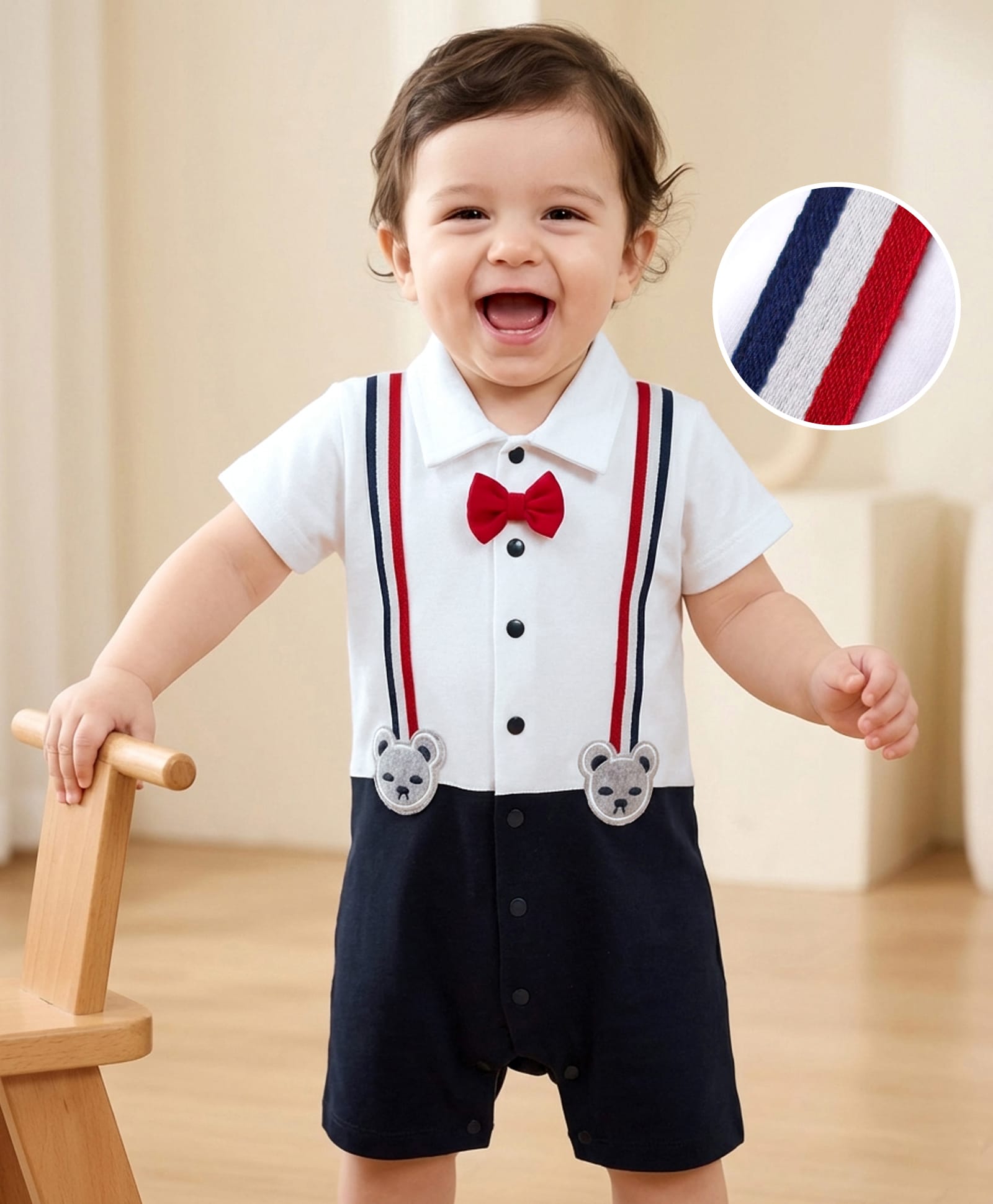 Mark & Mia Cotton Knit Half Sleeves Rompers with Suspender Bow Applique & Panda Patch - White & Navy Blue-image-22