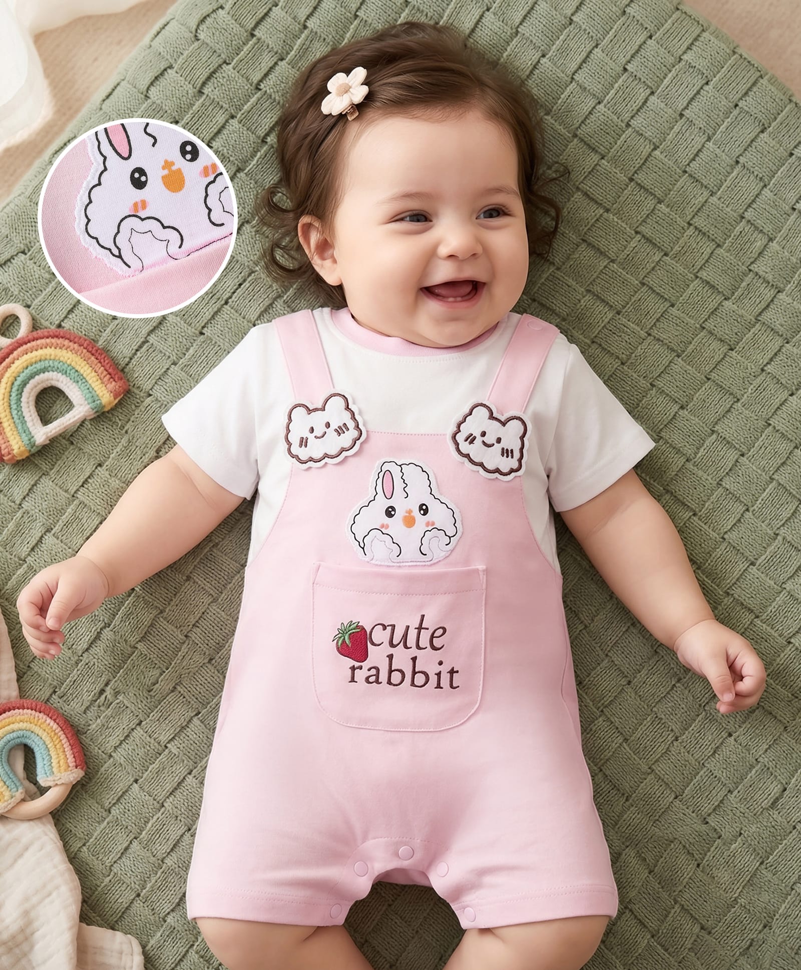 Mark & Mia Cotton Knit Half Sleeves Romper with Rabbit Patch - Pink & White-picture-28