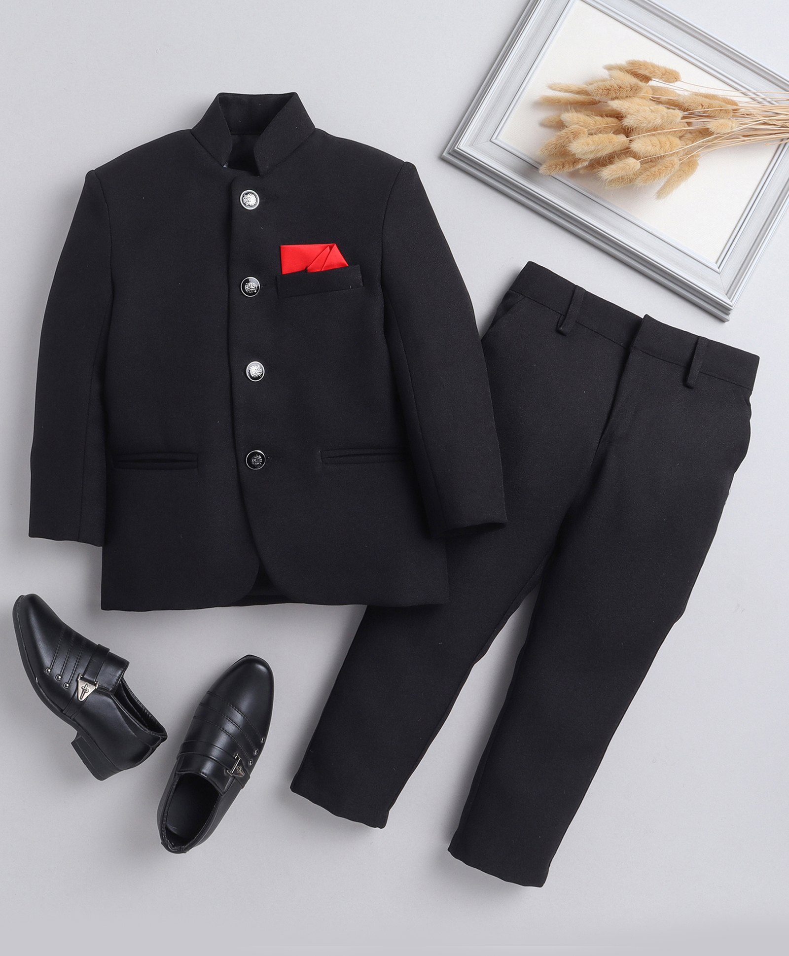 Jeet Ethnics Full Sleeves Solid Jodhpuri Coat & Pant Set - Black