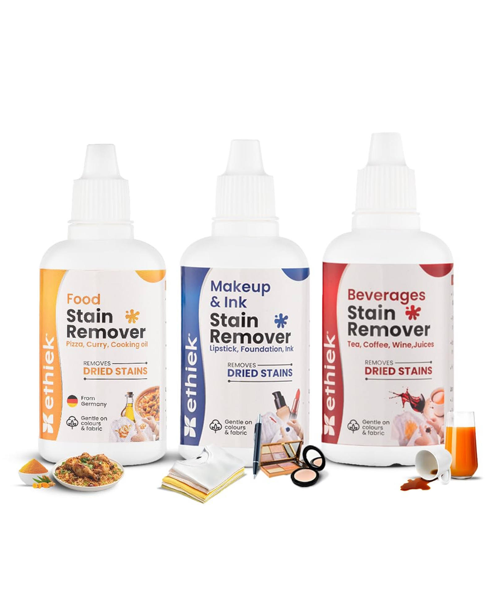 Ethiek | Stain Removal Specialist Kit | Works on Chutney, Haldi, Chocolate, Curry, Ball Pen, Ink, Foundation, Lipstick, Coffee, Tea, Wine, Juice Stains, Set of 3 Bottles - 50 ml Each-image-41