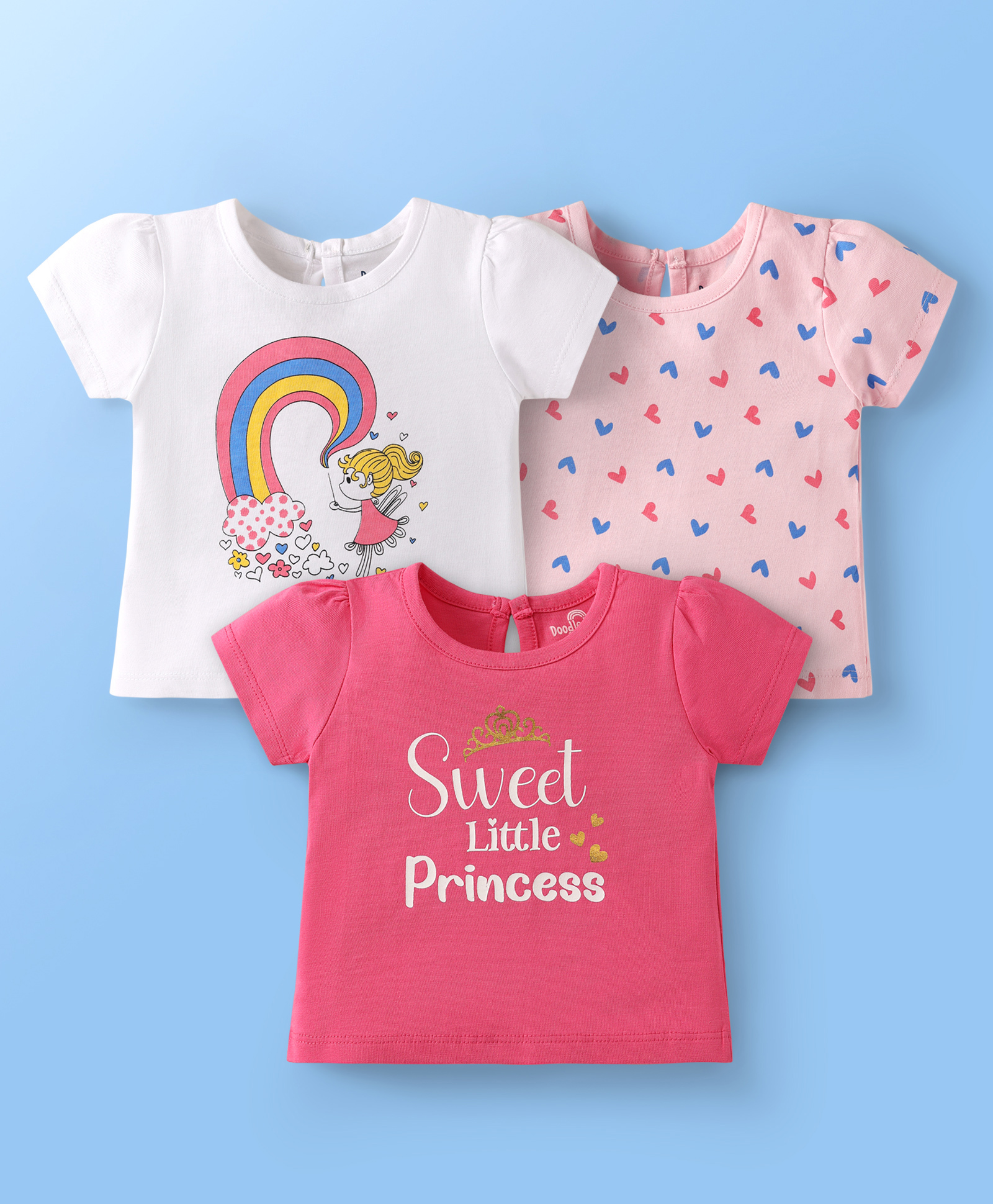 Doodle Poodle 100% Cotton Knit Half Sleeves T-Shirts with Hearts & Text Print Pack of 3 - Pink & White-picture-18
