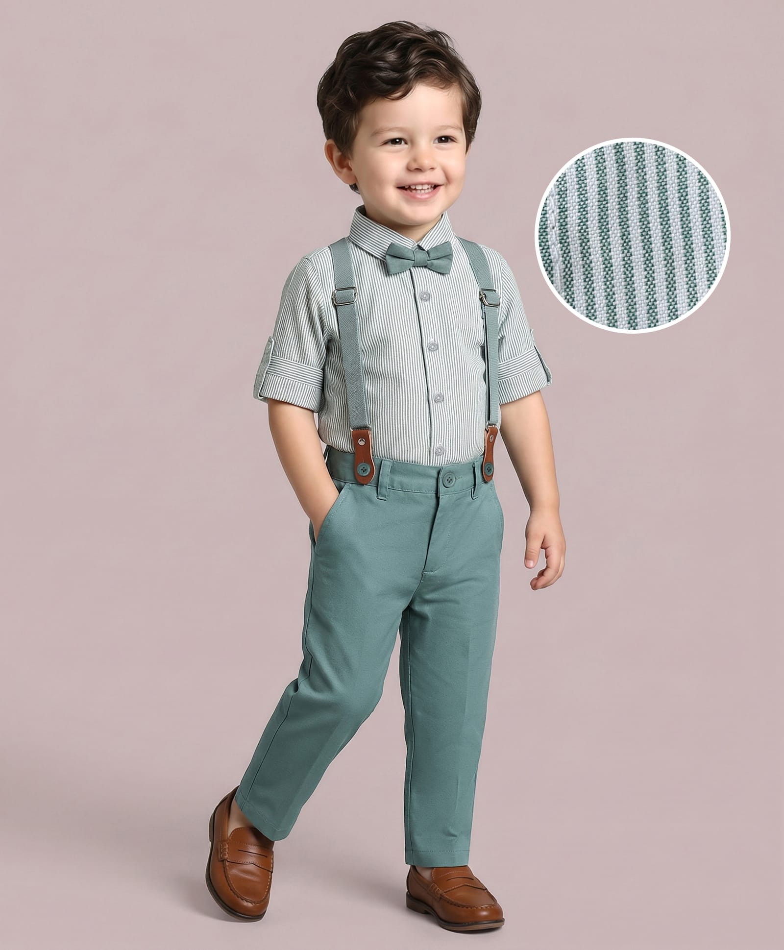 Mark & Mia Cotton Woven Full Sleeves Striped Party Shirt & Trouser with Bow & Suspender - Teal Blue