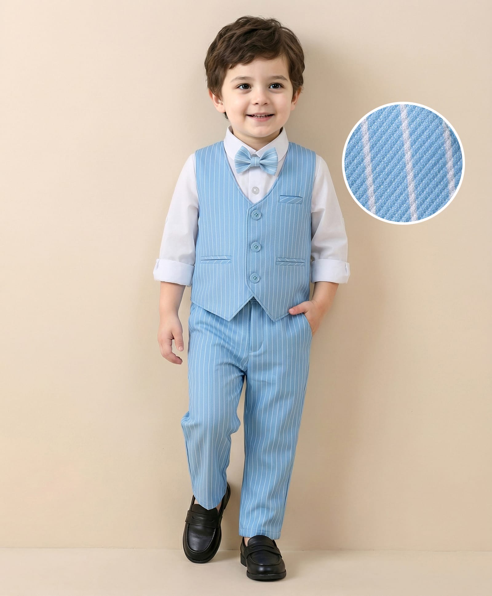 Mark & Mia Cotton Woven Full Sleeves Striped 3 Piece Party Suit with Bow - Light Blue-image-26