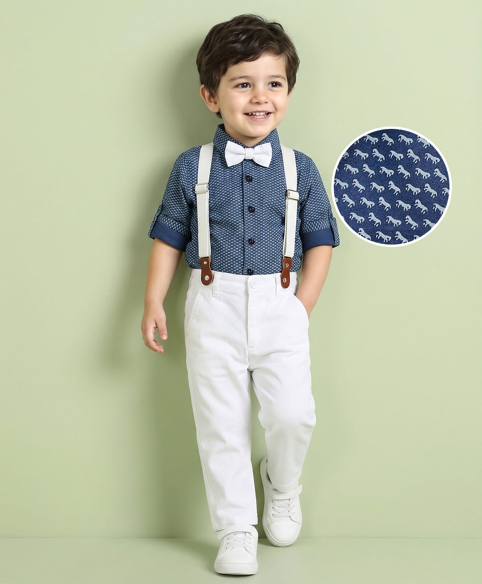 Mark & Mia Cotton Woven Full Sleeves Printed Shirt & Trouser With Bow & Suspender - Blue & White