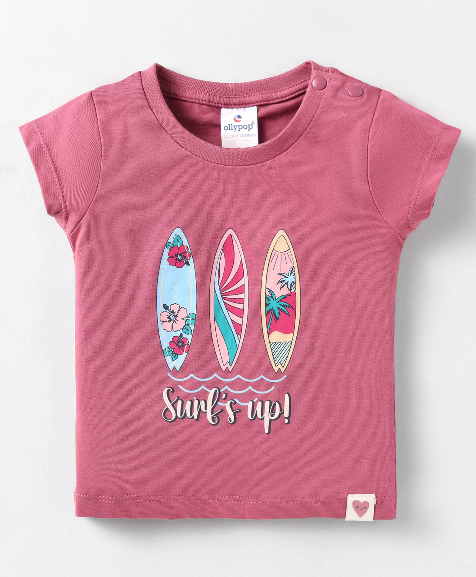 Ollypop Sinker Knit Half Sleeves T-Shirt With Surf Up Text Print - Pink-image-2