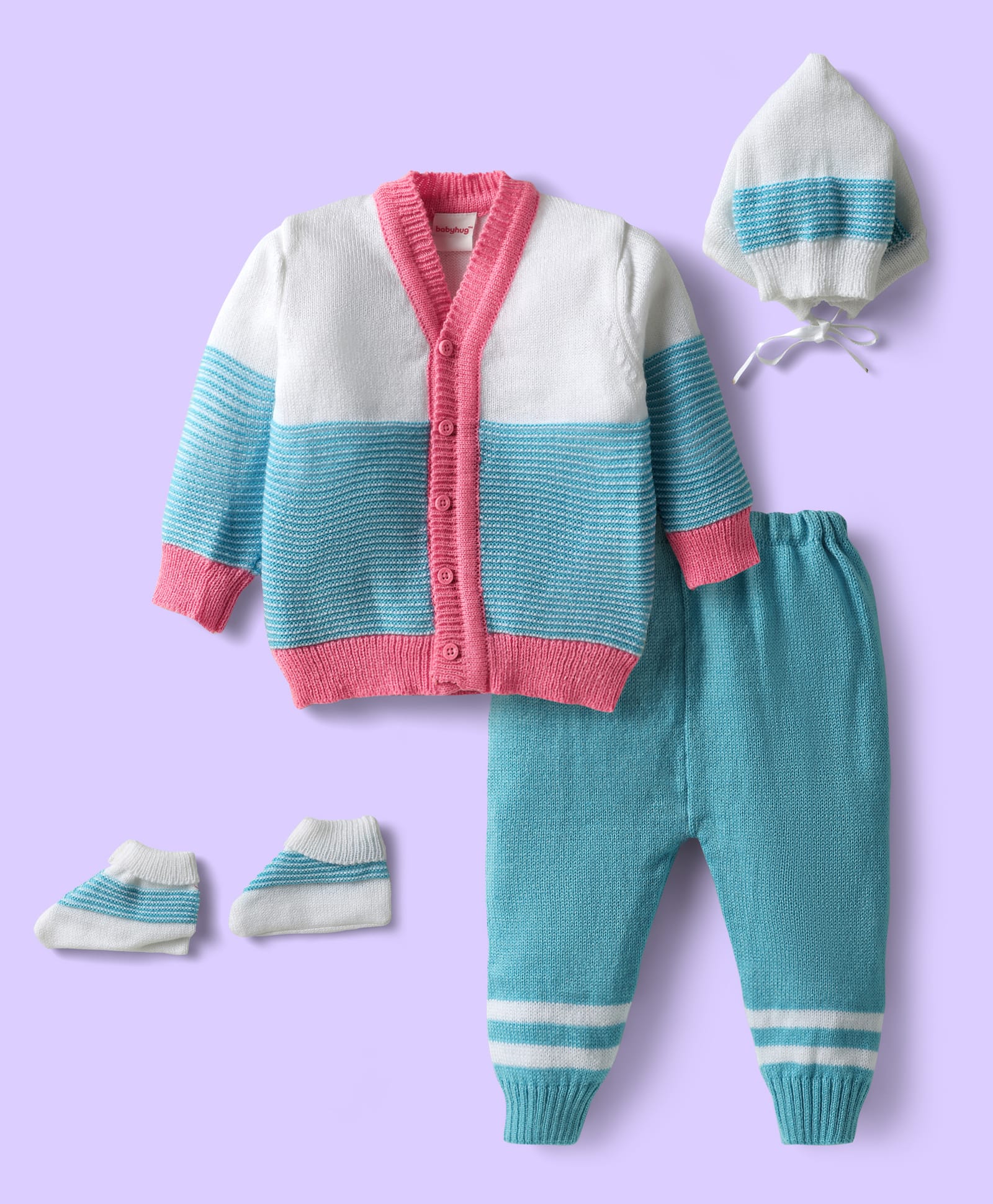 Babyhug Knit Front Open Striped & Color Block Front Open Sweater Set with Cap & Booties - Teal Blue-image-1