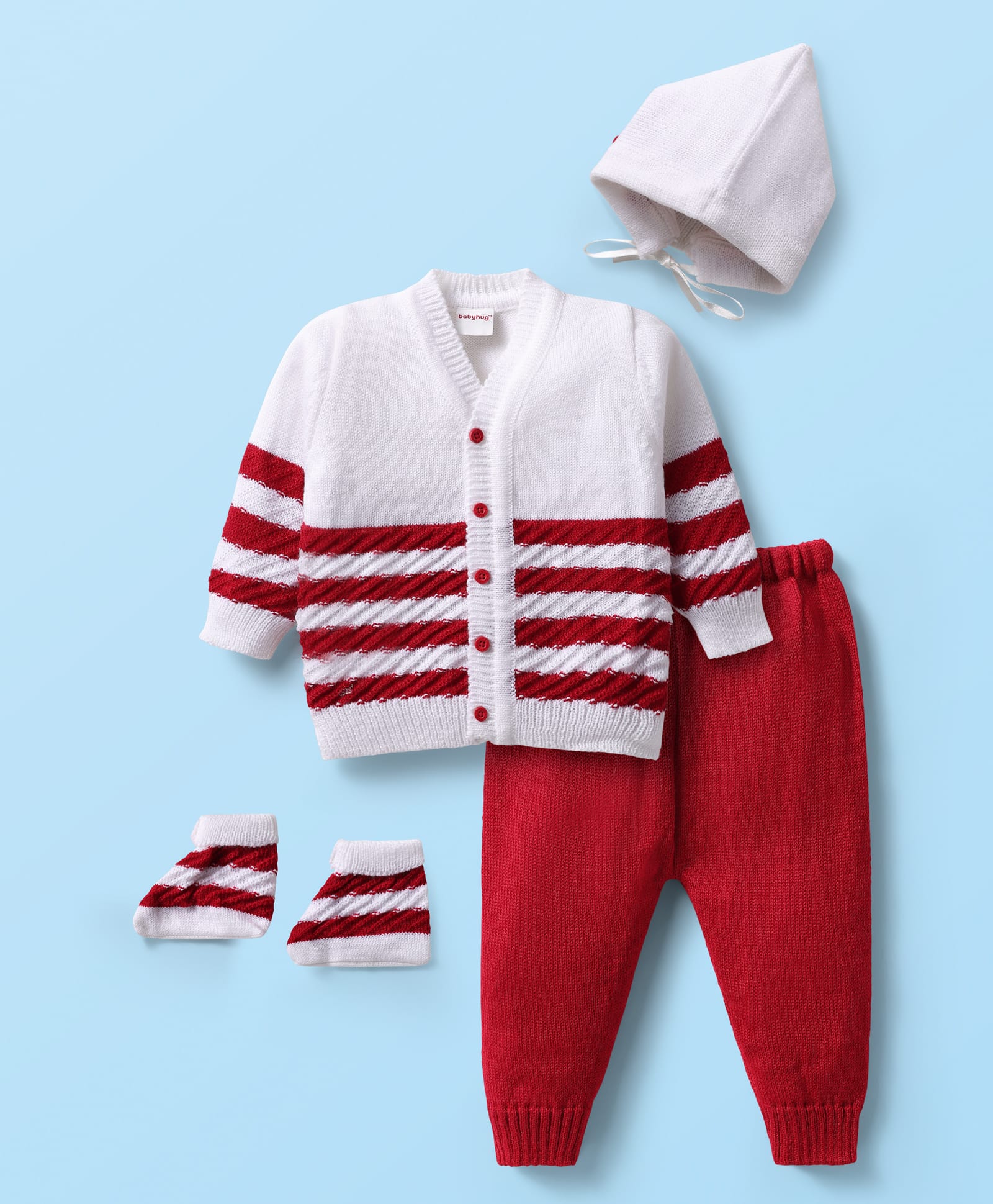 Babyhug Knitted Full Sleeves Striped Front Open Sweater Set with Booties & Cap - Red & White-image-44