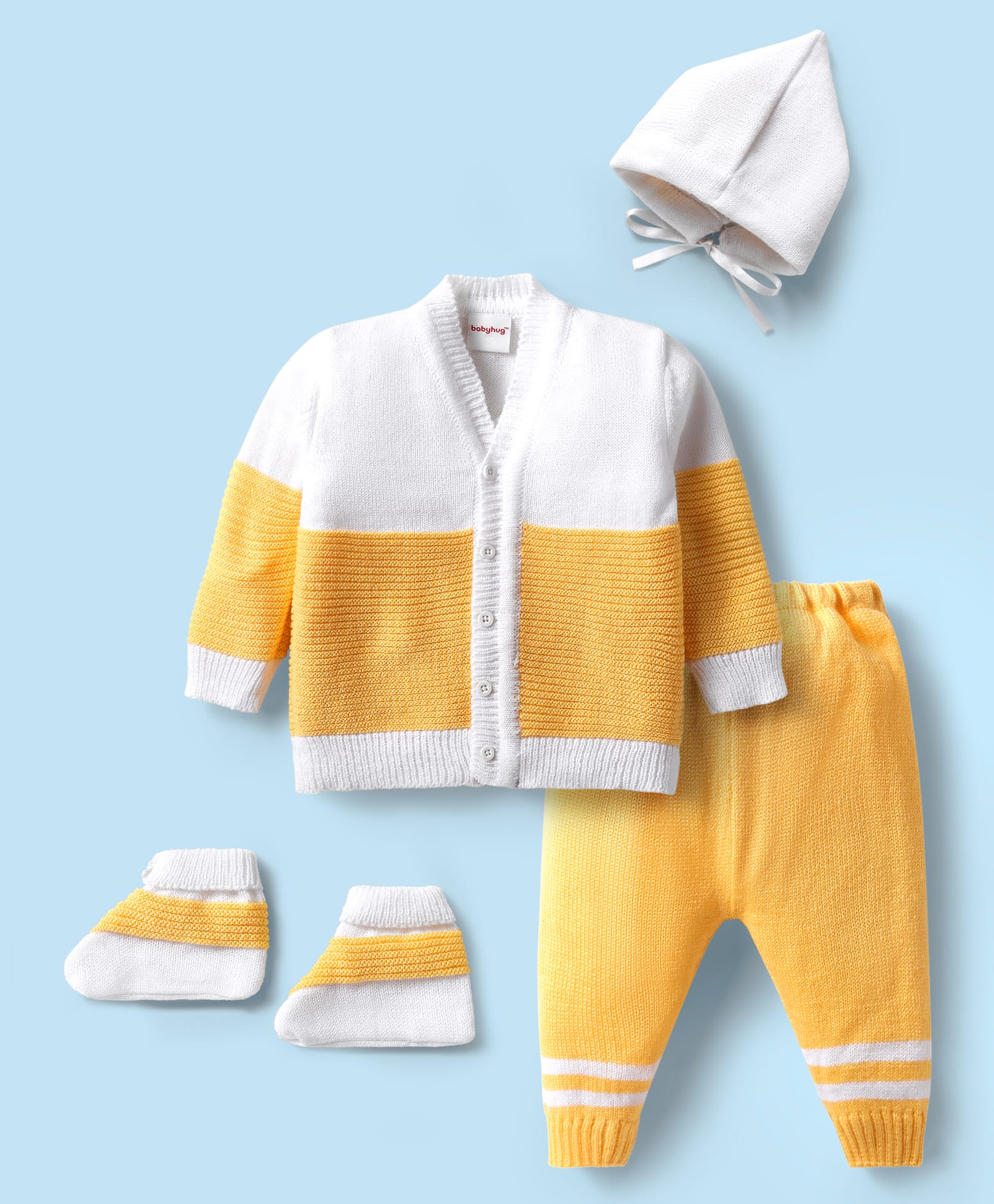 Babyhug Knitted Full Sleeves Color Block Front Open Sweater Set with Booties & Cap - Yellow & White-image-23