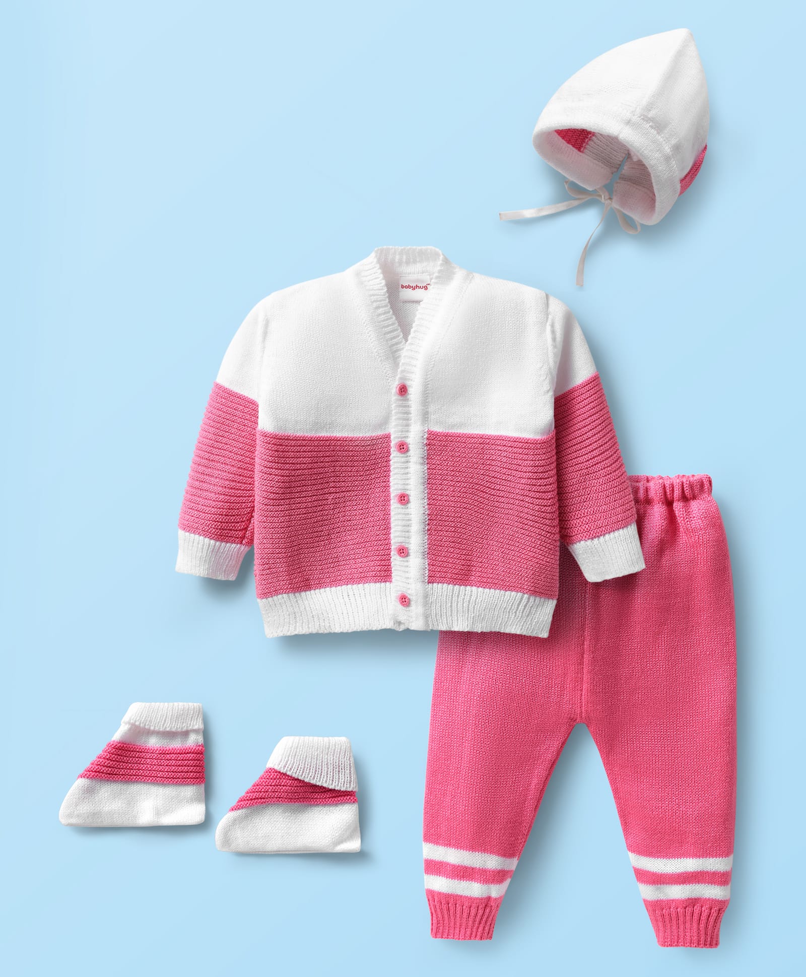 Babyhug Knitted Full Sleeves Color Block Front Open Sweater Set with Booties & Cap - Pink & White-image-39