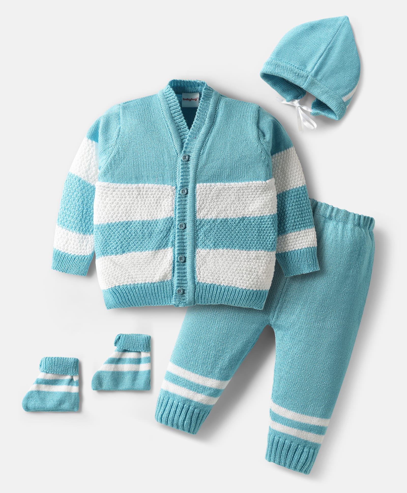 Babyhug Knit Full Sleeves Front Open Sweater Set with Stripe Design Cap with Knot & Booties - Blue & White-image-31