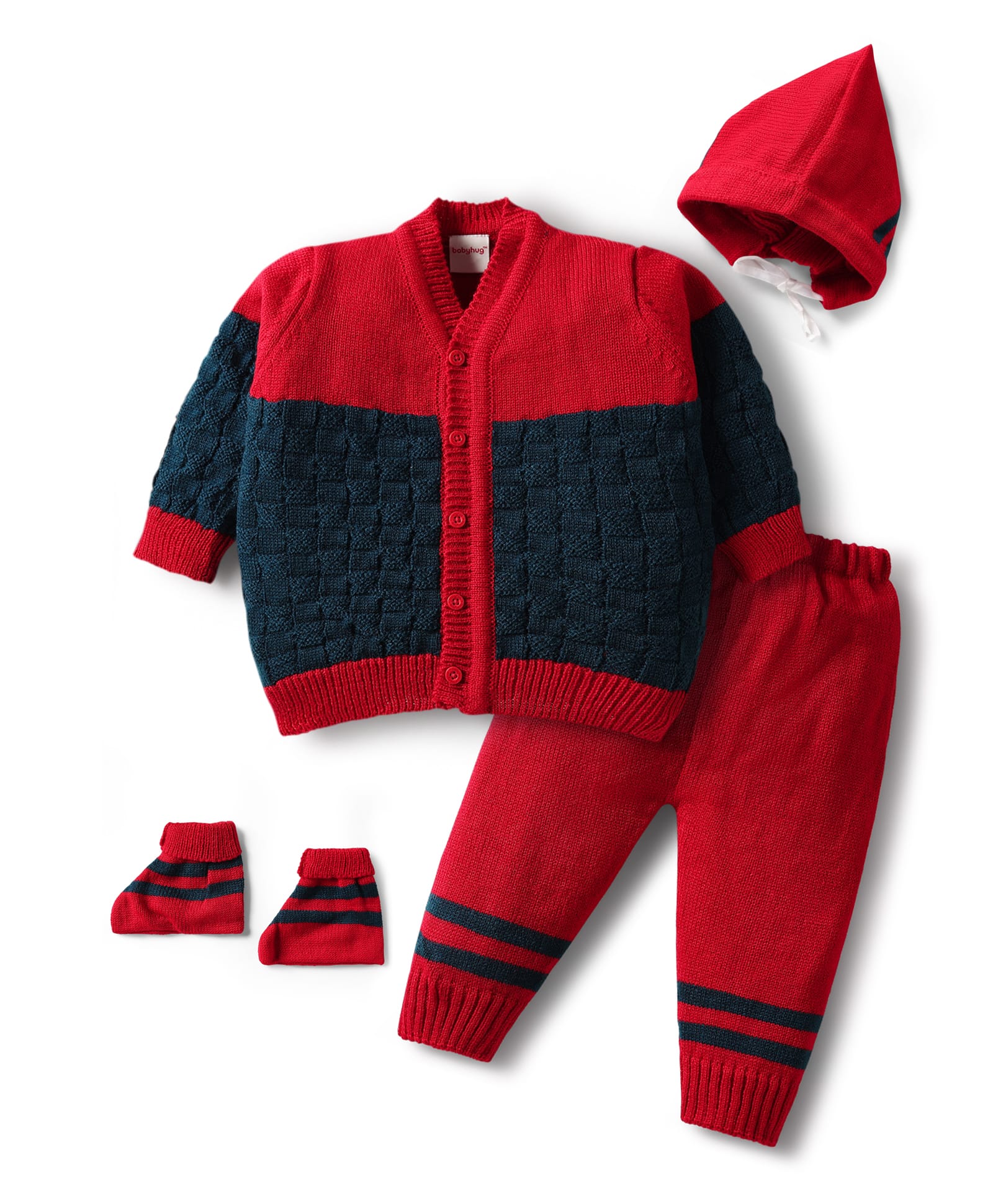 Babyhug Knit Full Sleeves Front Open Sweater Set with Color Block Design Cap with Knot & Booties - Red & Navy Blue-picture-20