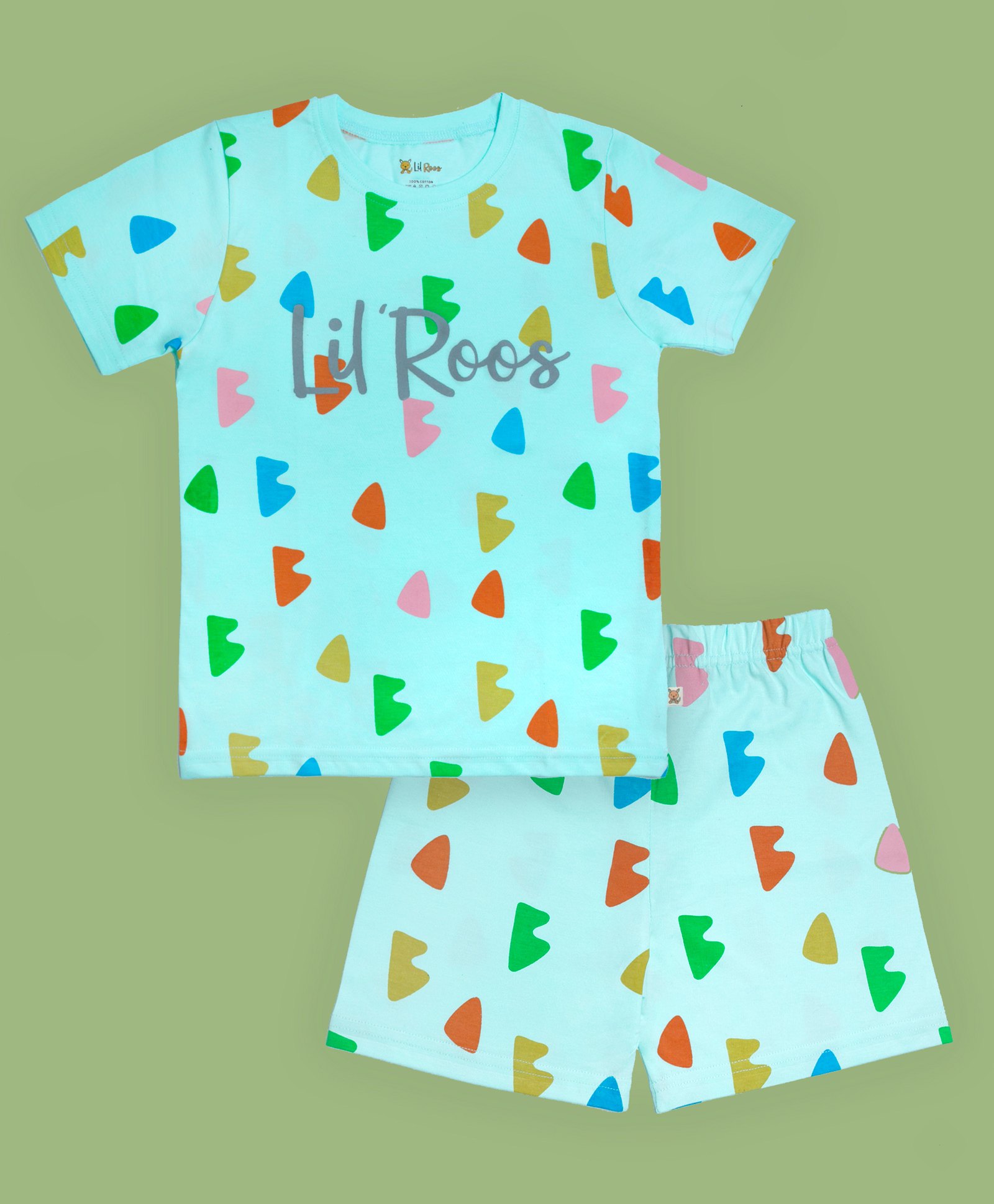 Lil' Roos Cotton Knit Half Sleeves Abstract Printed Coordinating Tee & Shorts Set - Soothing Sea Blue-image-35