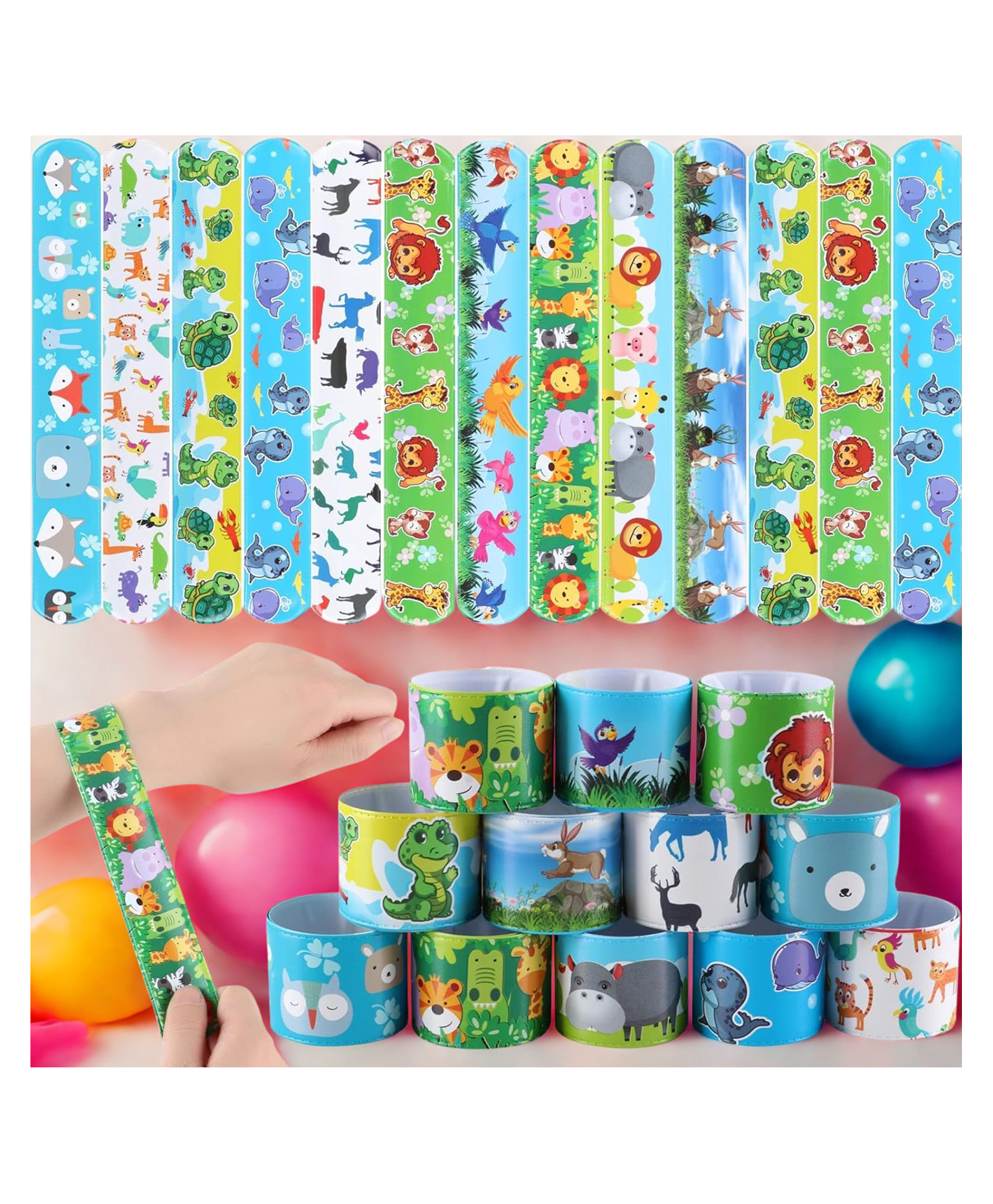 Birthday Popper Jungle Animals Theme Slap Bracelets Bands as Birthay Return Gift For Unisex Child (Set of 12) - Assorted Animal Designs-image-5