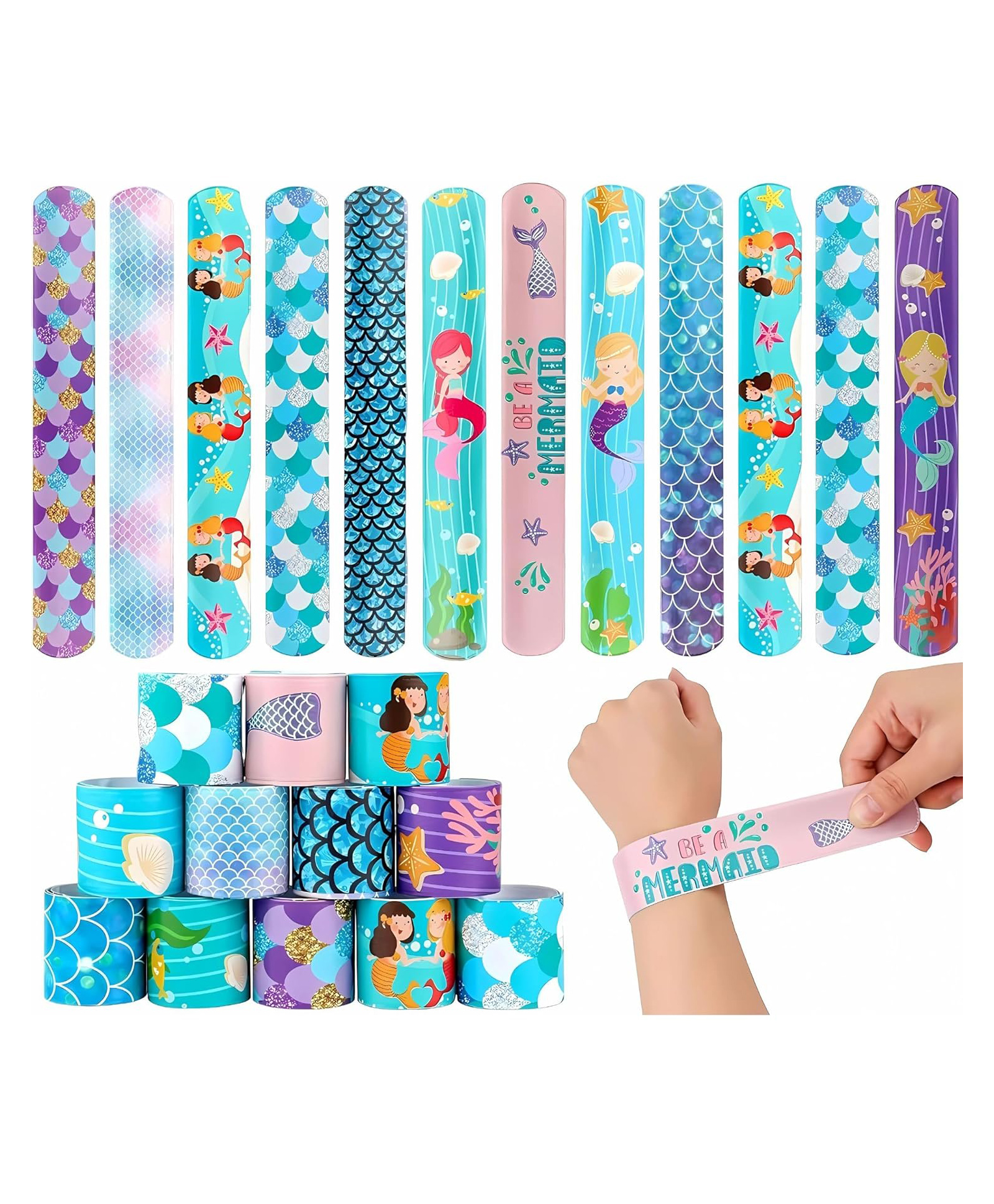 Birthday Popper Mermaid Theme Slap Bracelets Bands as Birthday Return Gifts-Pack of 12- Birthday Return Gifts for Girls of All Ages - Multicolor