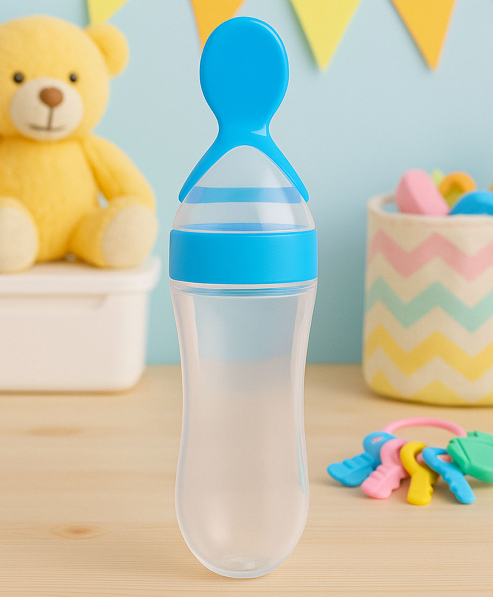 AEREX BPA Free Feeding Bottles | Newborn Baby Feeding Bottle with Spoon | Baby Squeezy Food Feeder for Baby | Feeding Spoon Bottle for Semi-Solid Food, Cereals, Fruit Food Feeder (Blue)-image-0