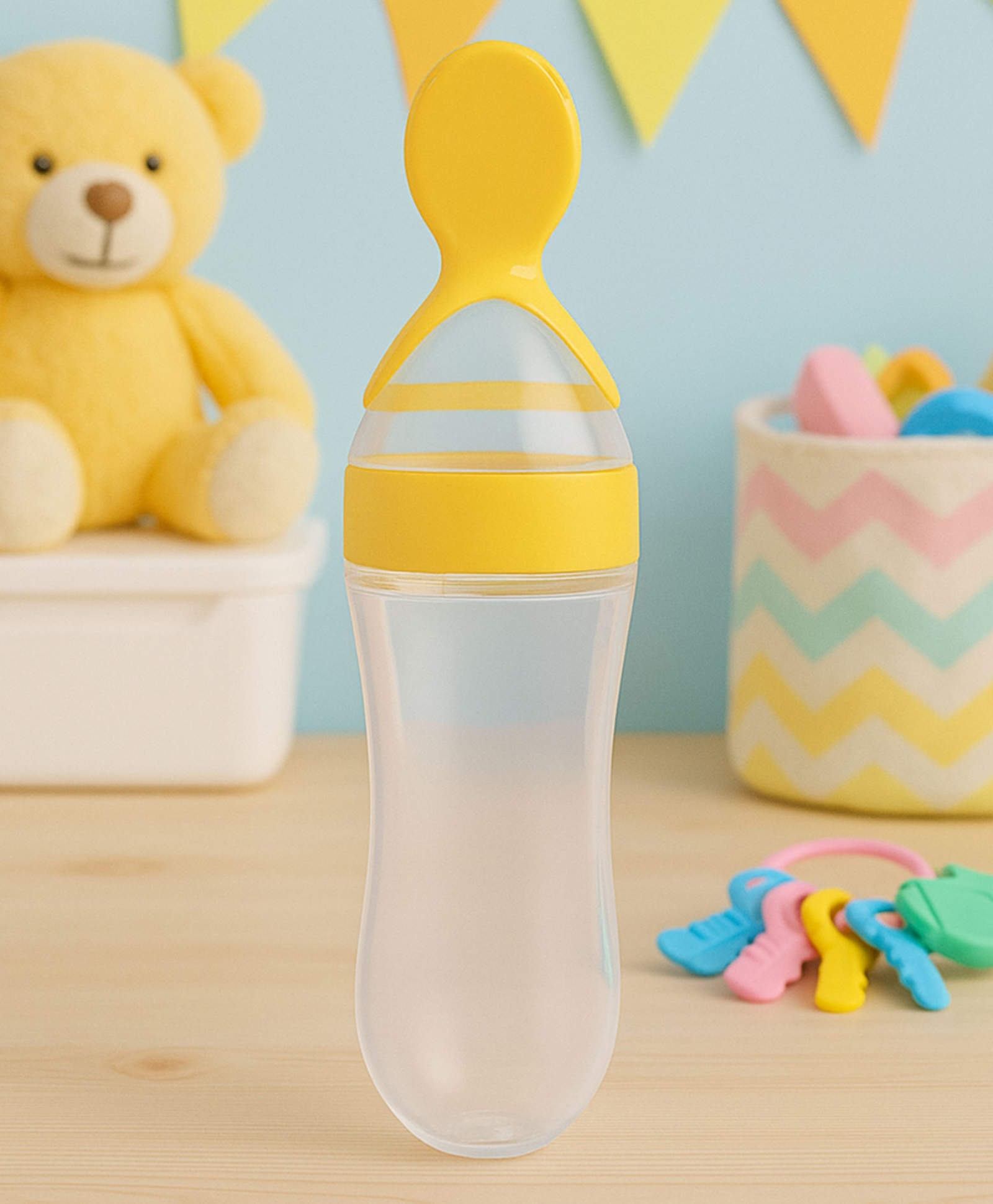 AEREX BPA Free Feeding Bottles | Newborn Baby Feeding Bottle with Spoon | Baby Squeezy Food Feeder for Baby | Feeding Spoon Bottle for Semi-Solid Food, Cereals, Fruit Food Feeder (Yellow)-image-7