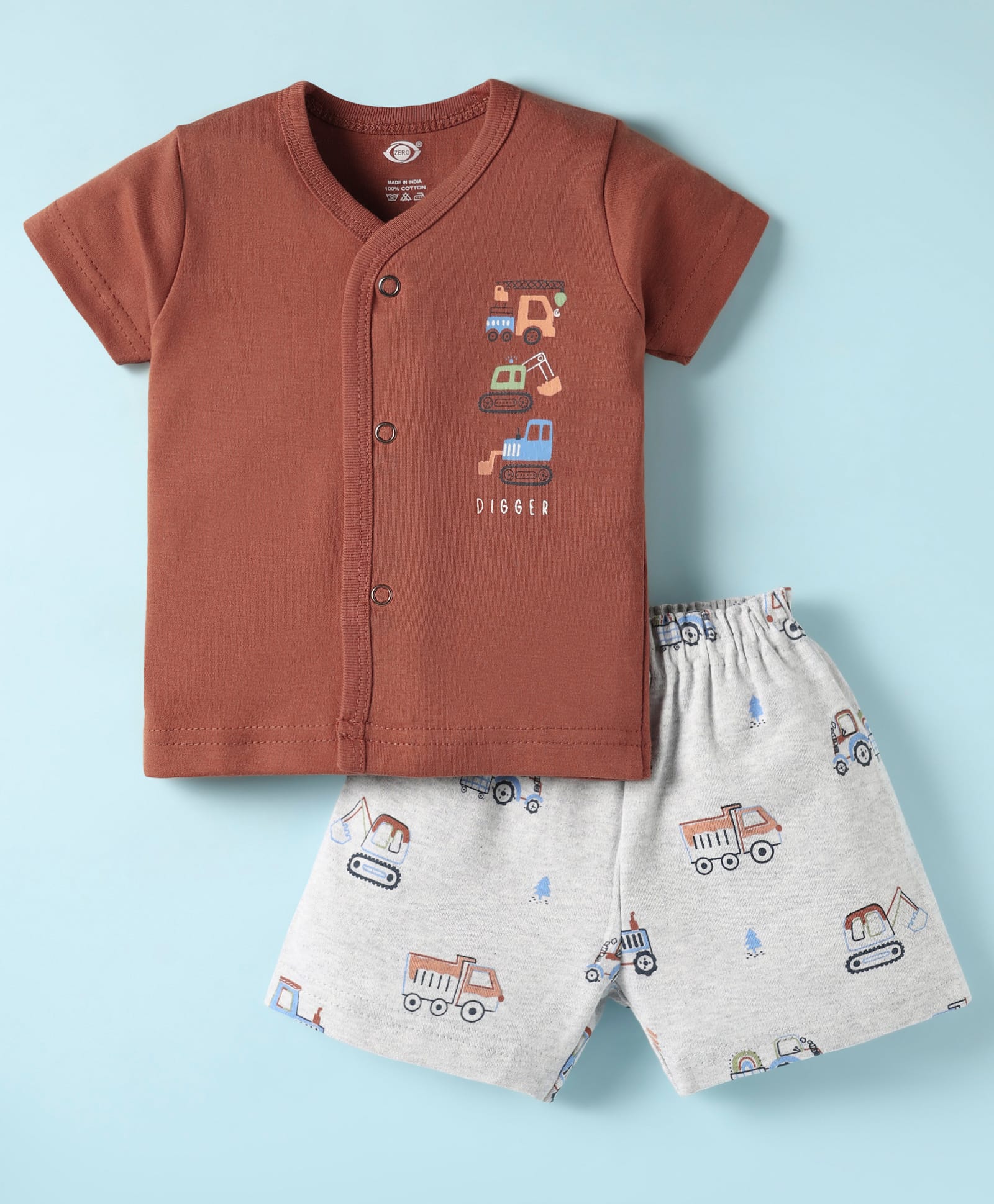 Zero Interlock Knit Half Sleeves Shorts Night Suit with Construction Vehicle Print - Rust Orange & Light Grey-image-36