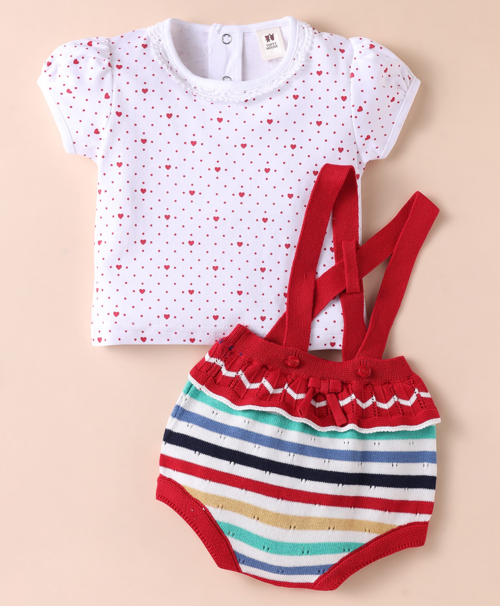 ToffyHouse Cotton Knit Half Sleeves Inner T-Shirt & Dungaree Style Onesie with Stripes & Heart Print - Red & White-image-14