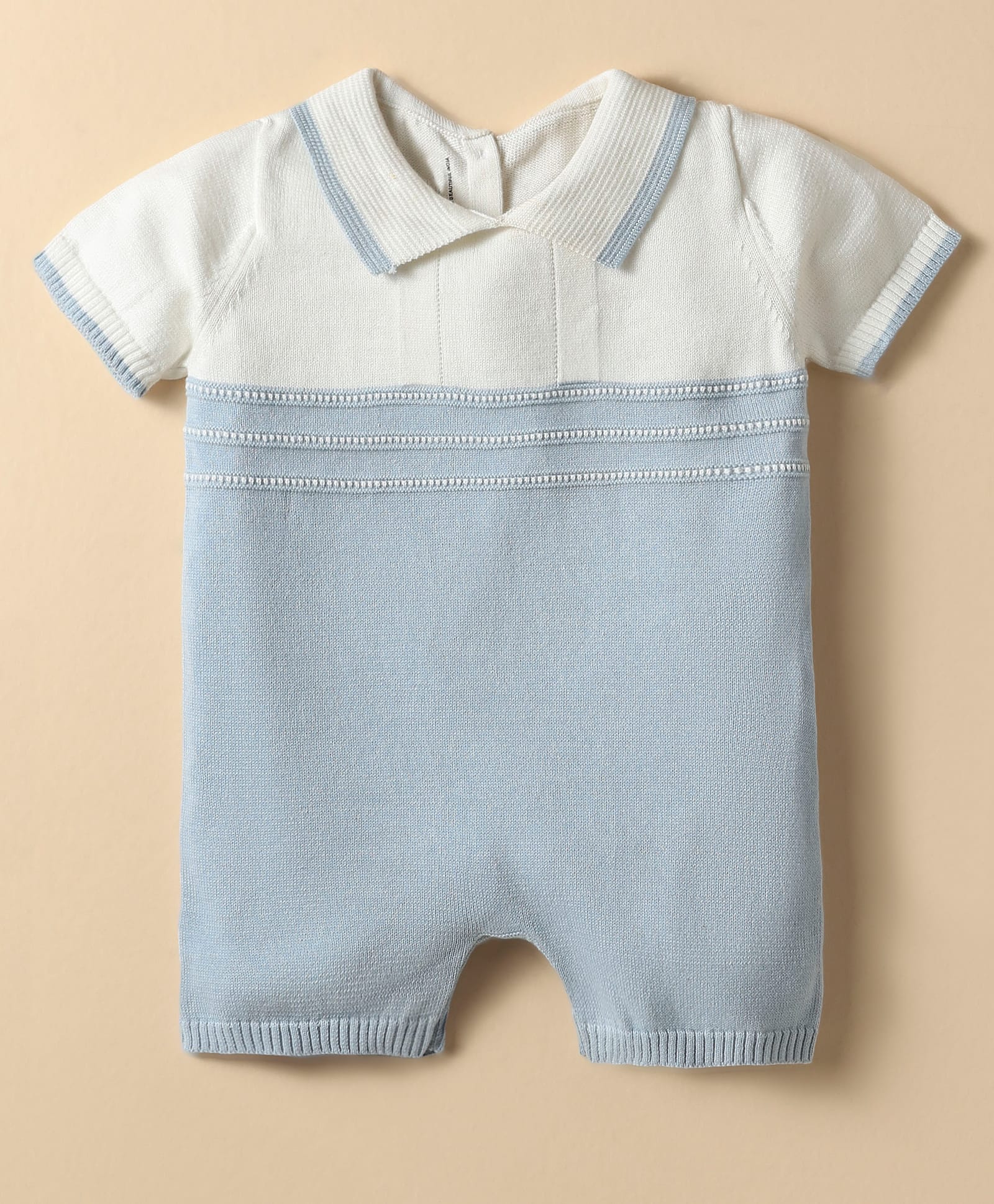 ToffyHouse Cotton Knit Half Sleeves Romper With Color Block Design - Light Blue & White-image-26