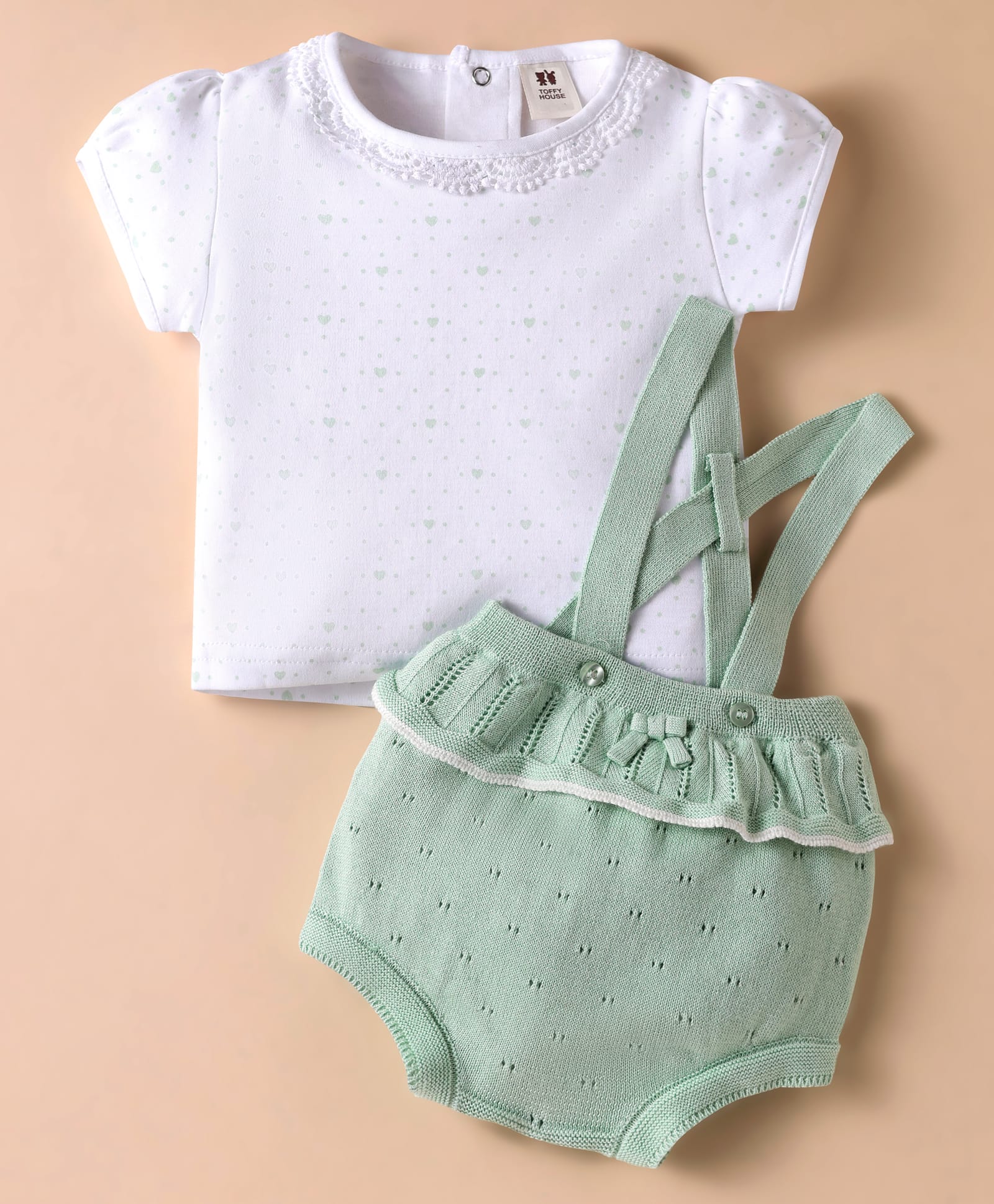 ToffyHouse Cotton Knit Half Sleeves T-Shirt & Dungaree Style Onesie With Frill Detailing - Light Green-image-15
