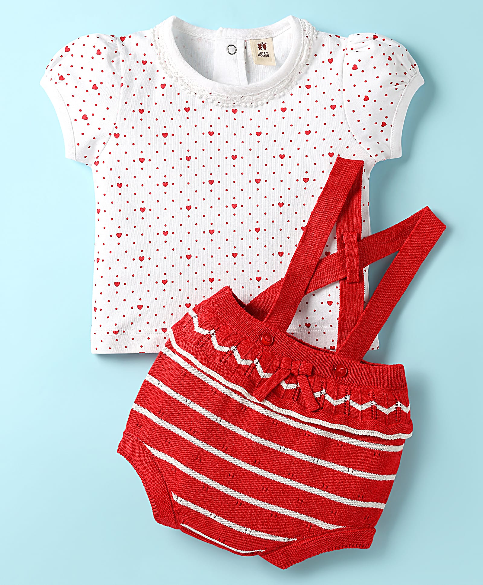 ToffyHouse Cotton Knit Striped Dungaree & Half Sleeves T-Shirt With Heart & Polka Dot Print - Red & White-picture-14
