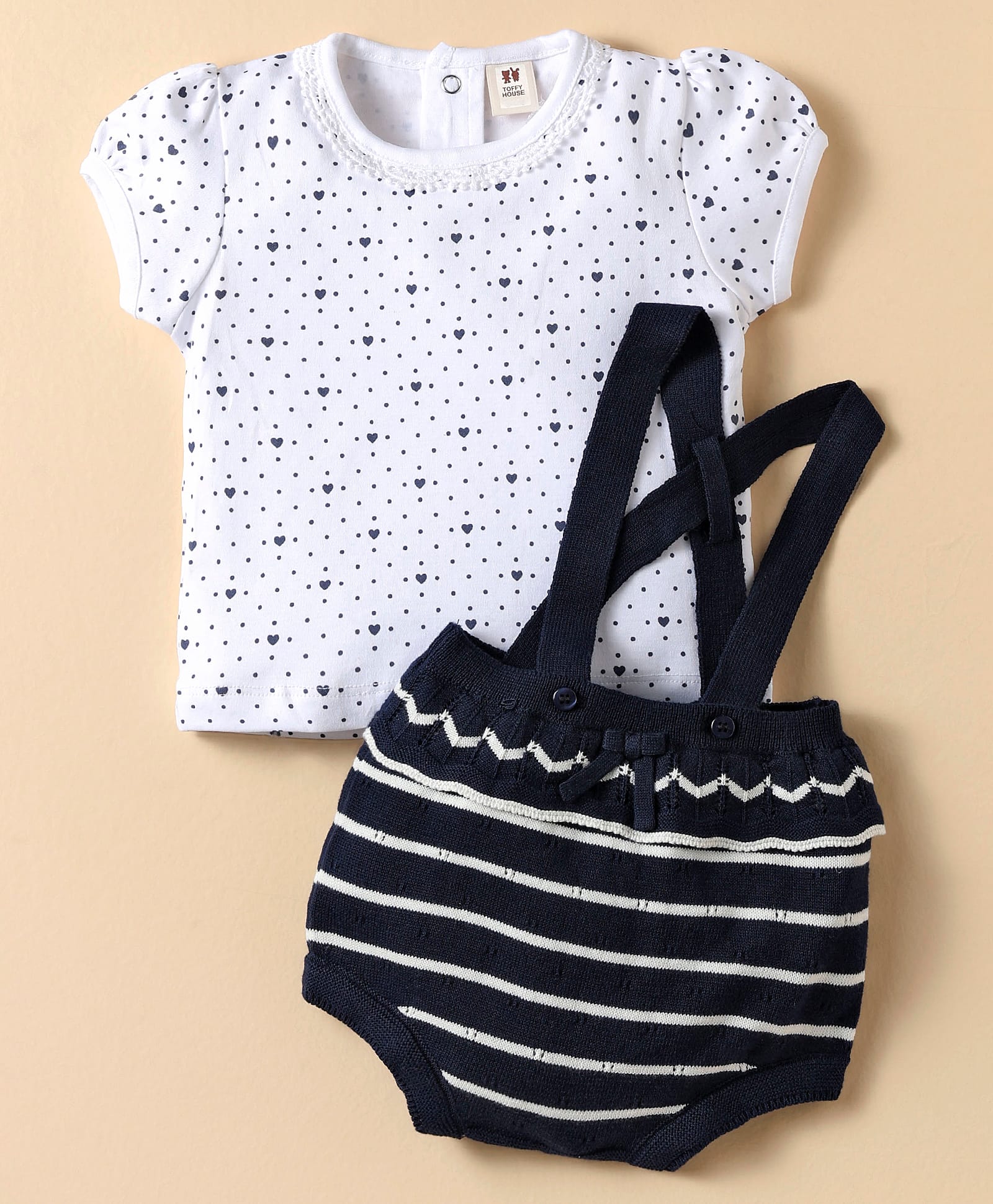 ToffyHouse Cotton Knit Striped Dungaree & Half Sleeves T-Shirt With Heart & Polka Dot Print - Navy Blue & White-picture-11