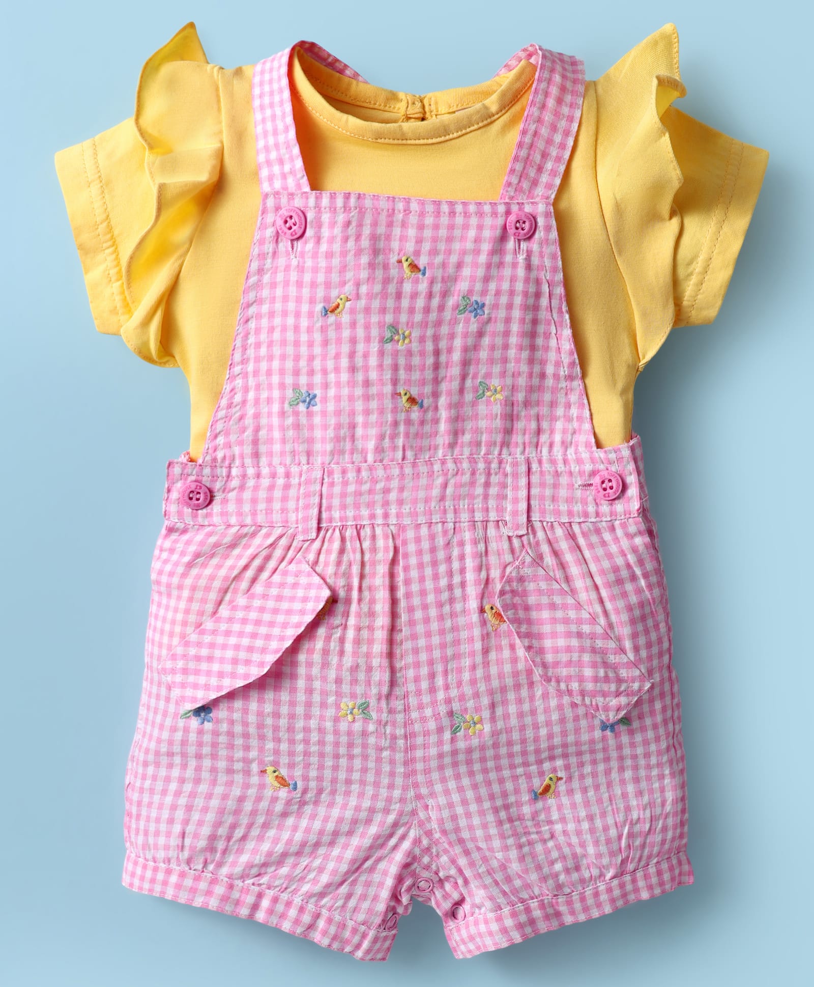 ToffyHouse Cotton Woven Striped Dungaree & Half Sleeves Inner Tee with Floral & Birds Embroidery - Yellow & Pink-picture-15