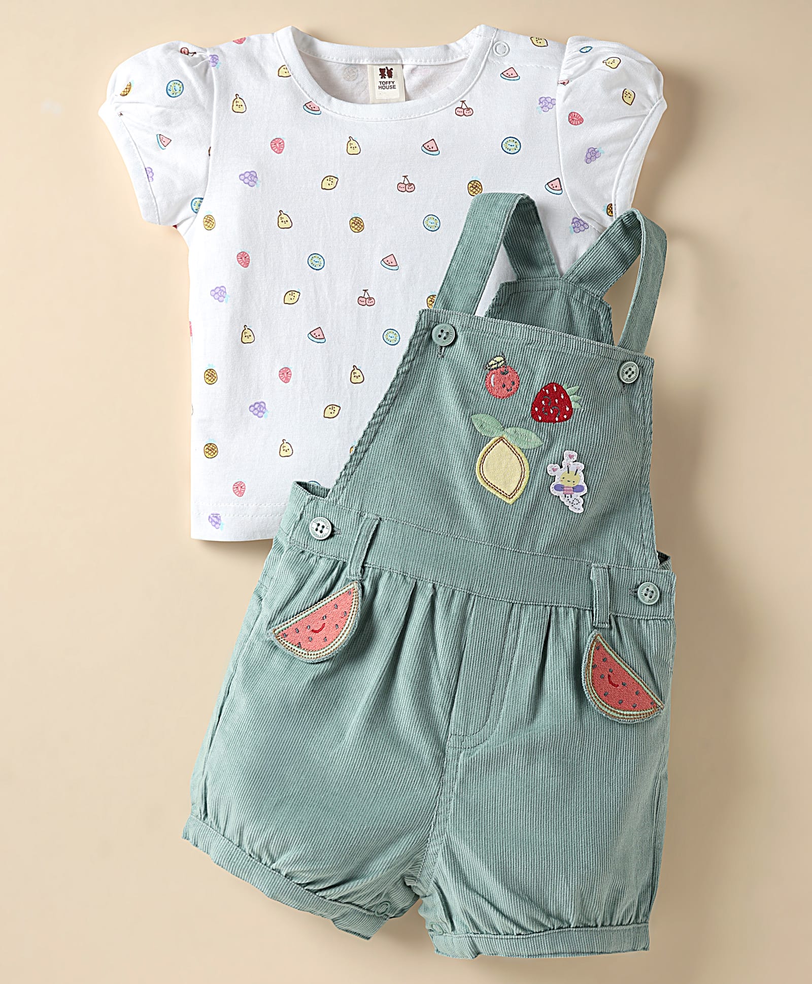 ToffyHouse Cotton Knit Dungaree & Half Sleeves T-Shirt with Tropical Print - Olive Green & White-image-5