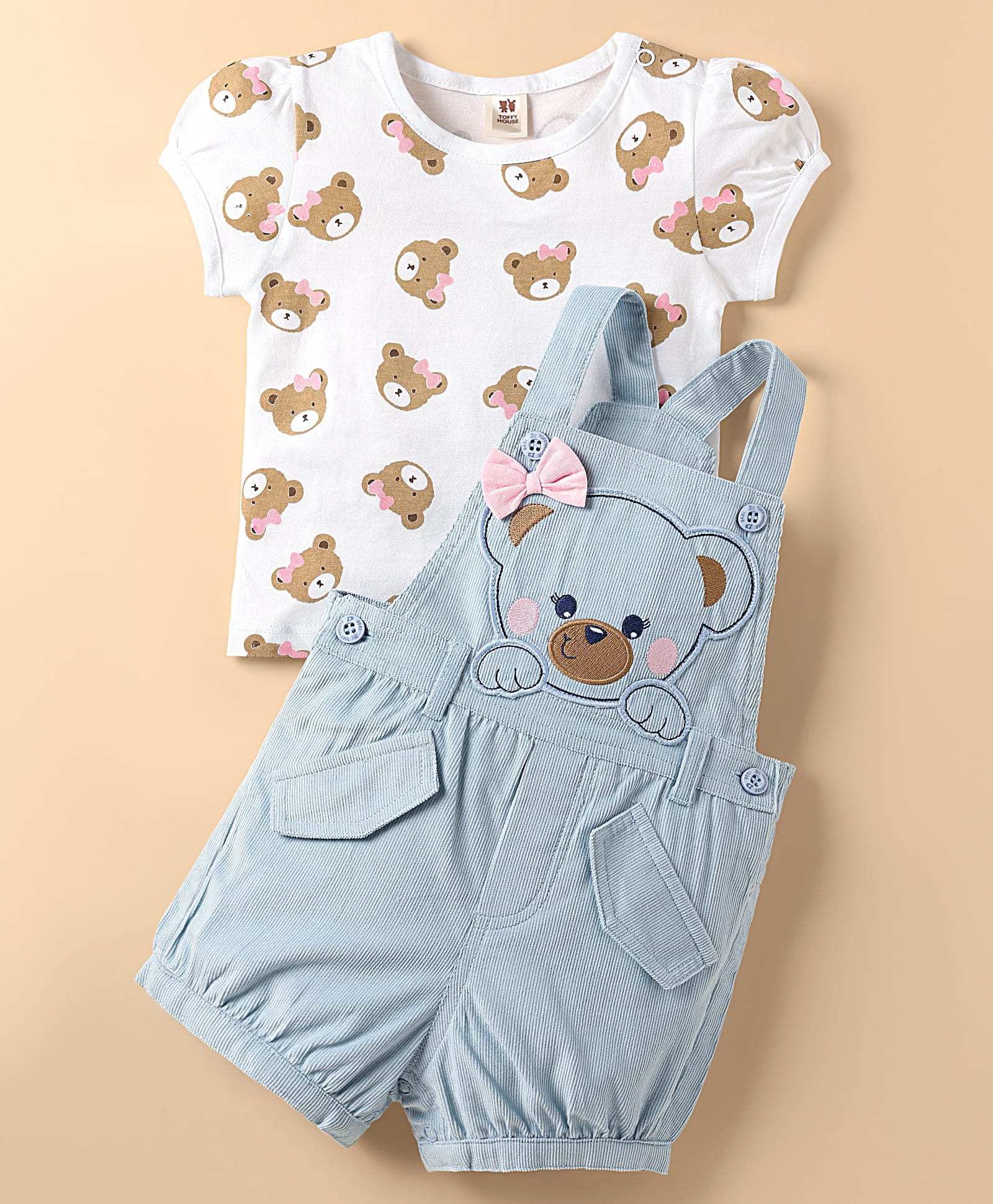 ToffyHouse Knit Dungaree & Half Sleeves T-Shirt With Teddy Bear Print & Patch - Light Blue & White-picture-17
