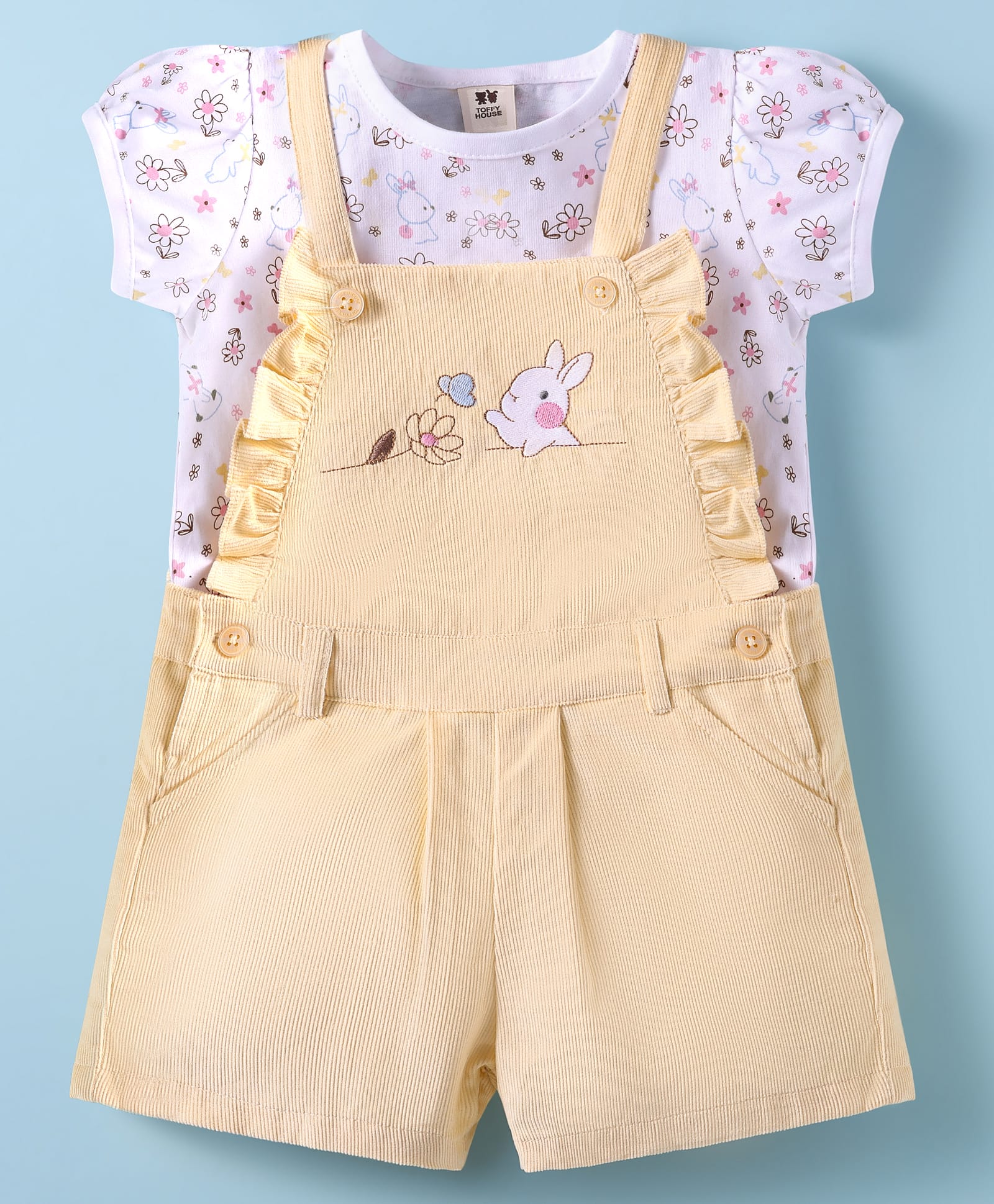 ToffyHouse Knitted Woven Half Sleeves T-Shit & Dungaree With Floral Print - Lemon-image-47