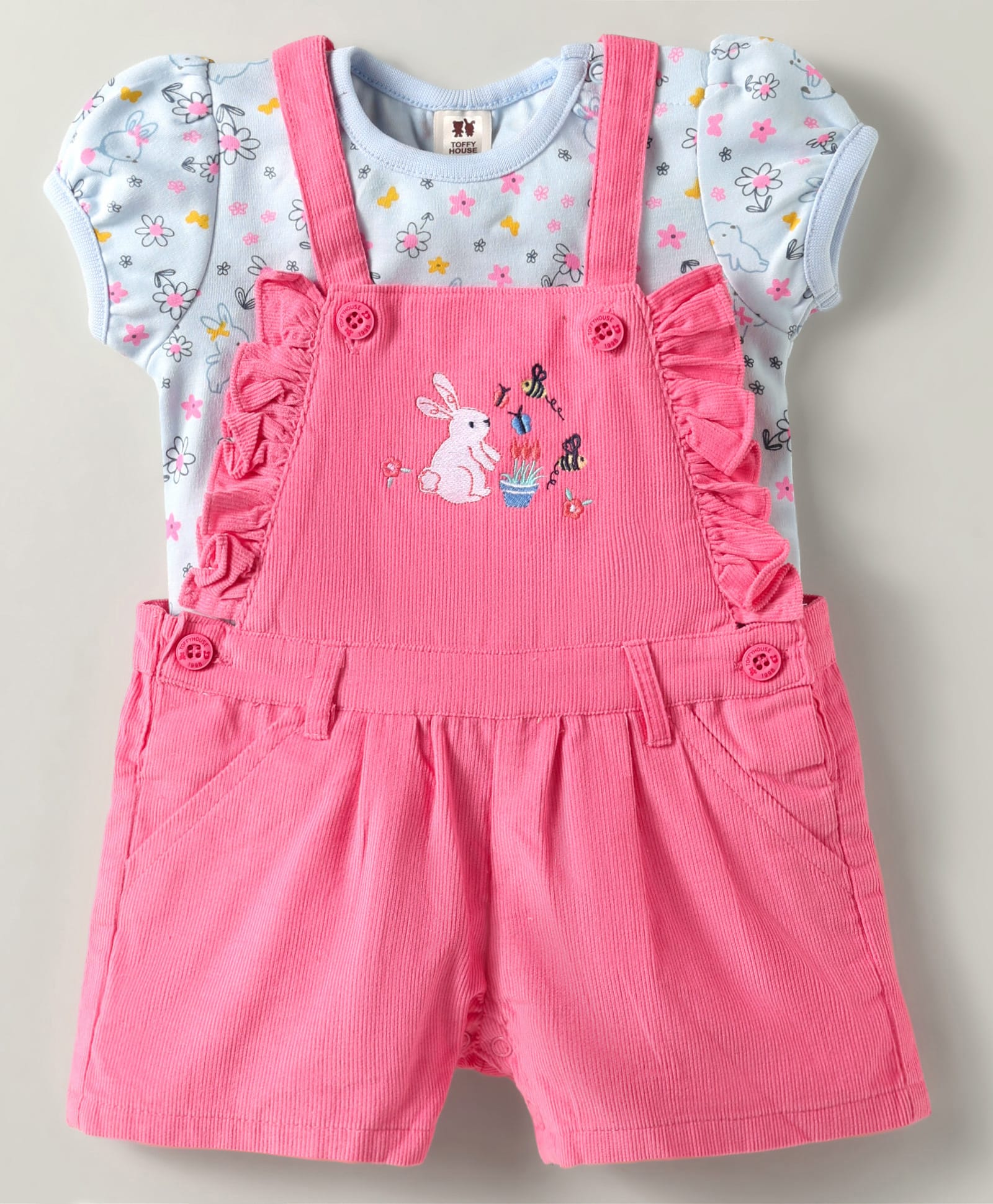 ToffyHouse Woven Dungaree & Half Sleeves Inner Tee With Rabbit Embroidery & Floral Print - Pink & White-picture-25