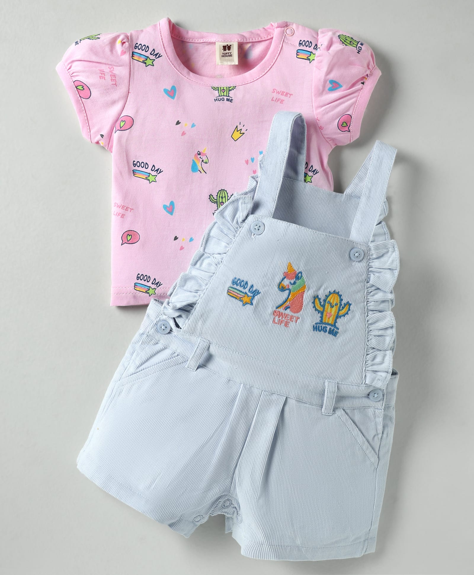 ToffyHouse Knitted Half Sleeves T-Shirt Dungaree Set with Hug Me Text Print & Embroidery - Light Blue & Pink-picture-22