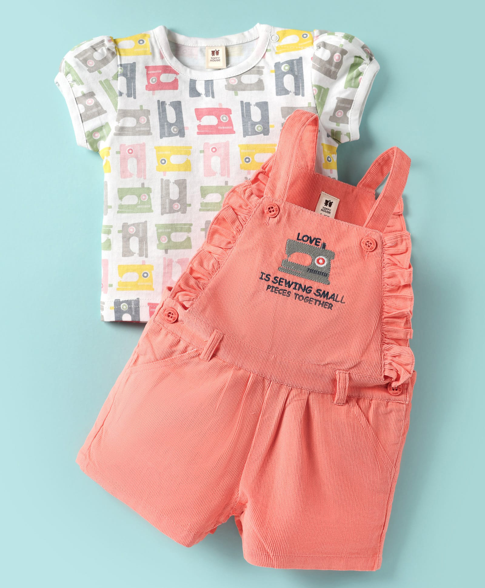 ToffyHouse Knit Dungaree & Half Sleeves T-Shirt With Sewing Machine Print & Embroidery - Peach & White-image-33
