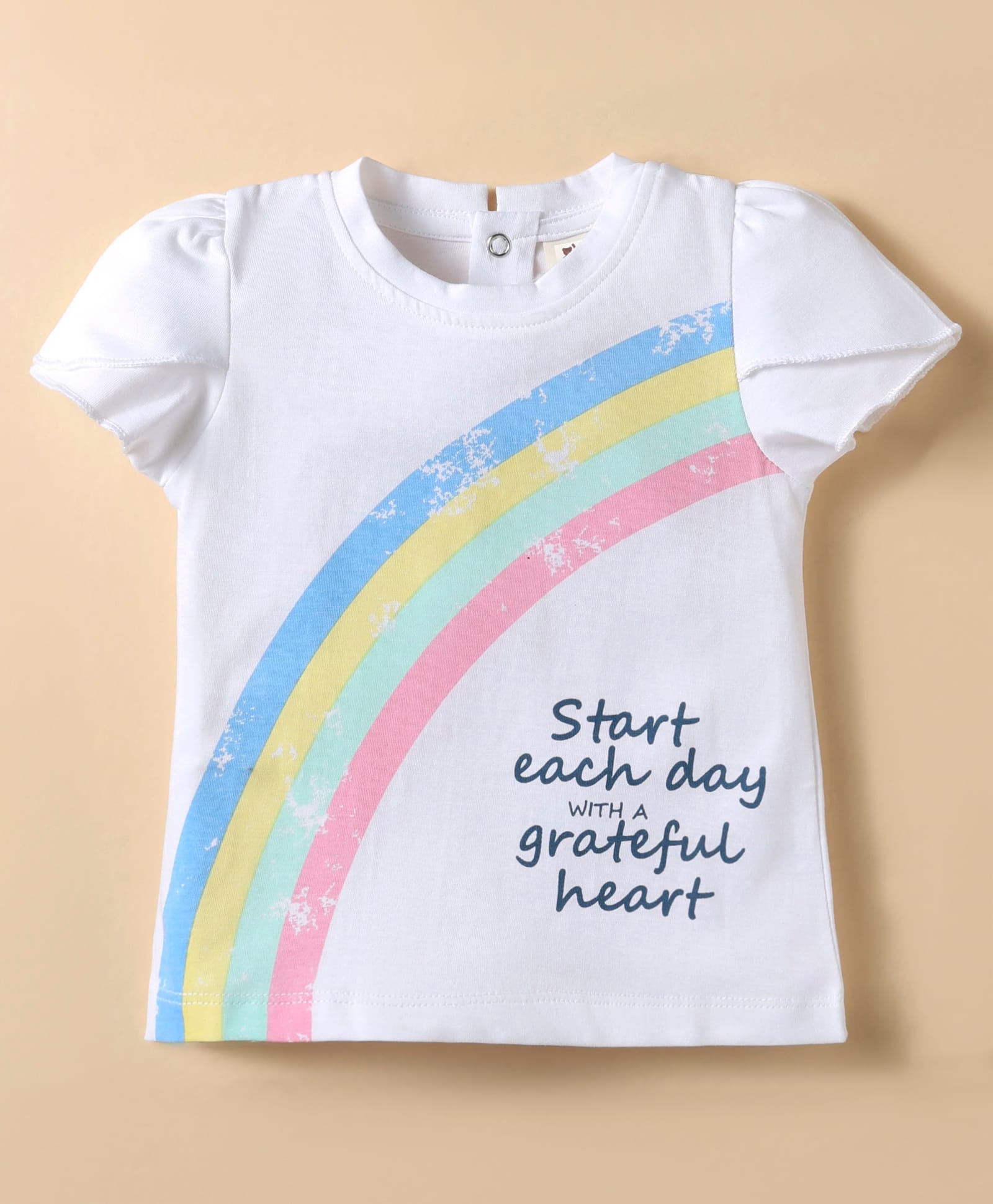 ToffyHouse Cotton Knit Half Sleeves Top With Rainbow Print - White-picture-8