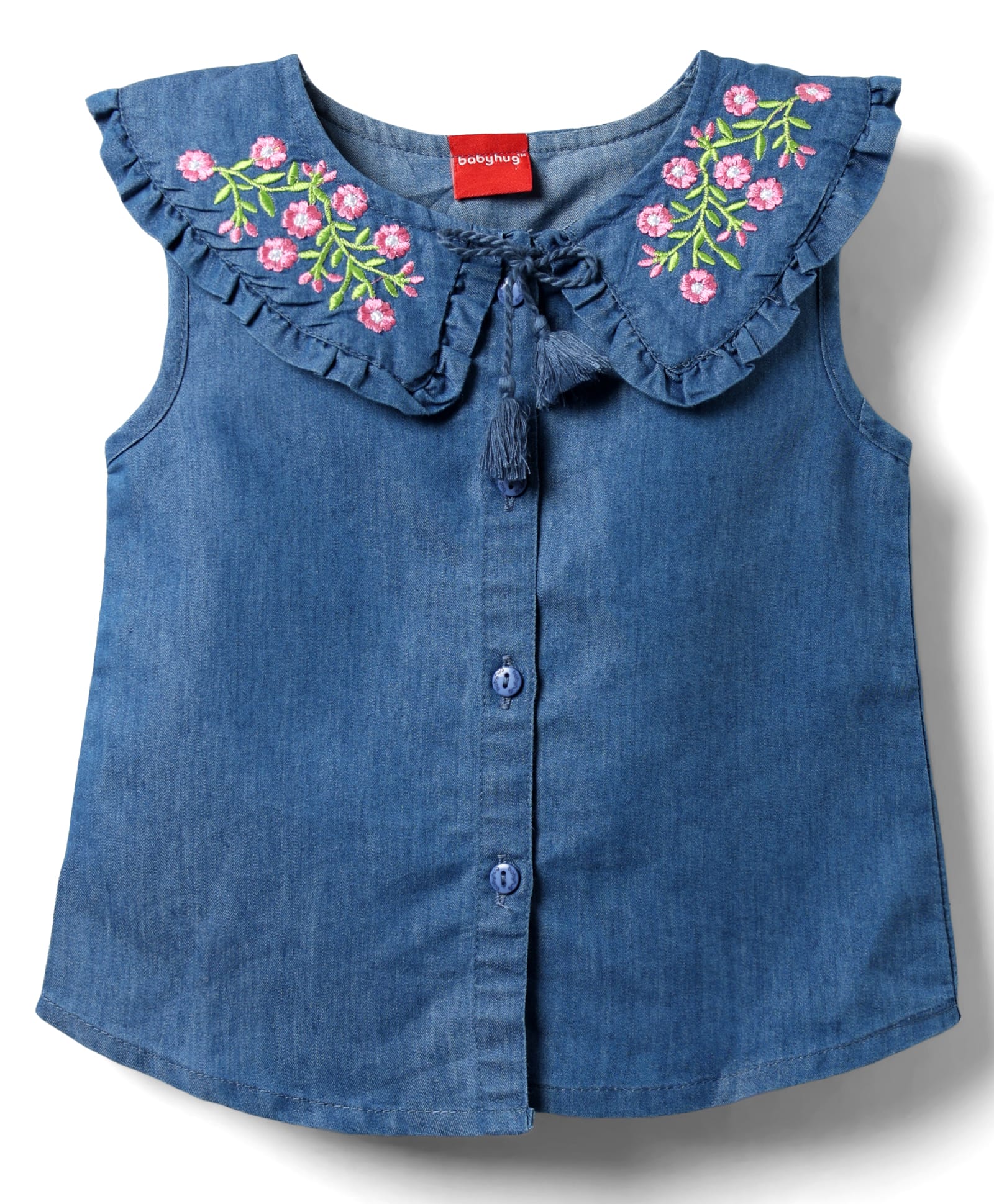 Babyhug Sleeveless Front Open Peter Pan Collared Denim Top with Floral Embroidery - Navy Blue